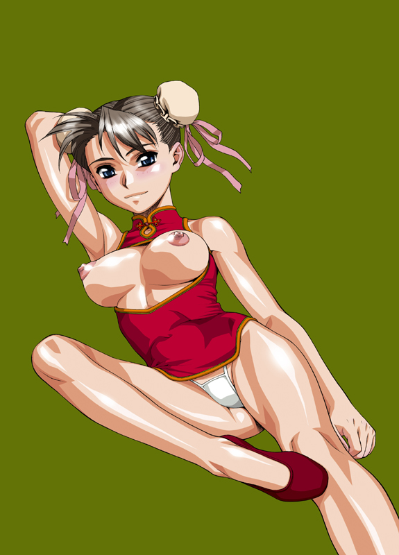 minazuki juuzou, original, non-web source, 1girl, arm behind head, arm up, armpits, bare shoulders, black hair, blue eyes, blush, breastless clothes, breasts, breasts out, bun cover, china dress, chinese clothes, cleavage cutout, clothing cutout, covered navel, double bun, dress, dutch angle, female focus, green background, hair bun, large breasts, leg up, legs, looking at viewer, naughty face, nipples, no bra, open clothes, panties, puffy nipples, red shoes, ribbon, shiny skin, shoes, short dress, short hair, simple background, sleeveless, sleeveless dress, smile, solo, turtleneck, underwear, white panties
