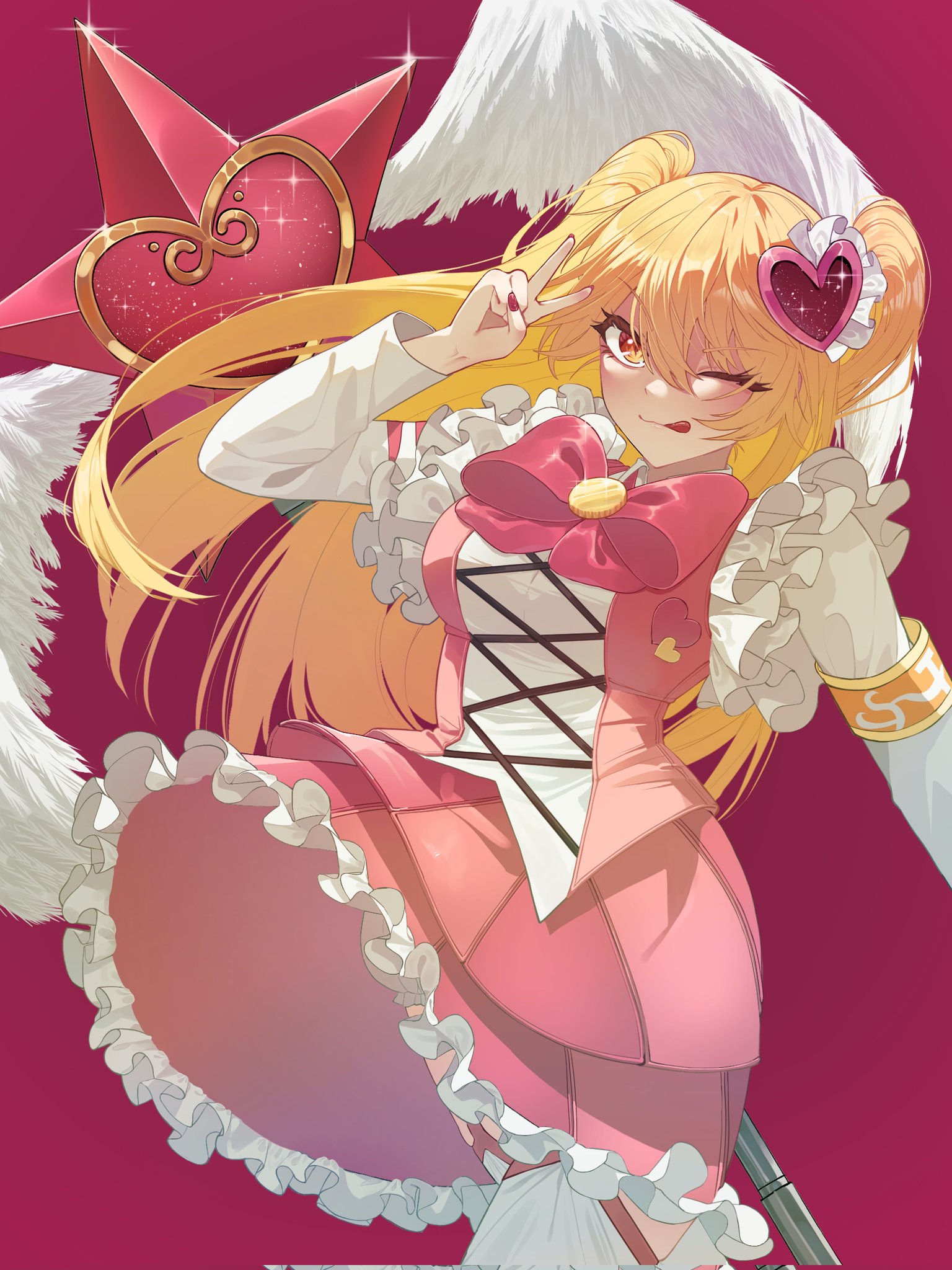 salgaoli83428, don quixote (project moon), limbus company, project moon, corrupted twitter file, highres, ;q, blonde hair, bow, breasts, e.g.o (project moon), hair ornament, heart, heart hair ornament, in the name of love and hate (e.g.o), lobotomy corporation (identity) (project moon), long hair, long sleeves, looking at viewer, mage staff, one eye closed, pink background, pink bow, pink skirt, pink vest, simple background, skirt, thighhighs, tongue, tongue out, two side up, v, vest, white thighhighs, yellow eyes