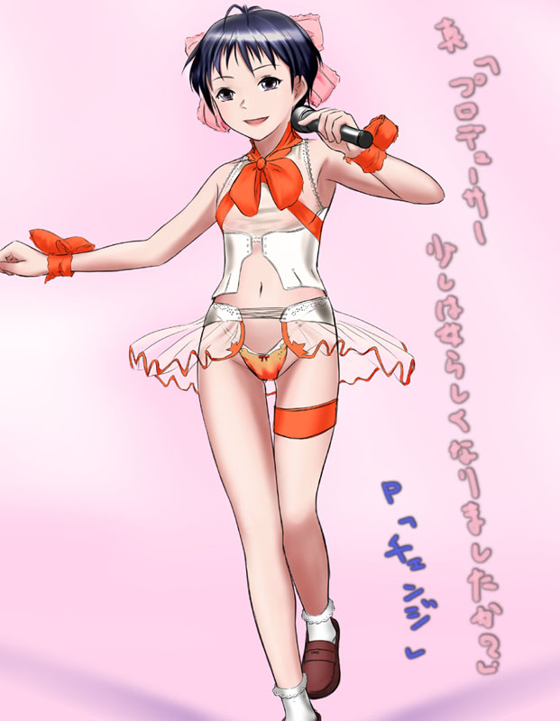asaki yuki, kikuchi makoto, idolmaster, idolmaster (classic), idolmaster 1, translation request, 00s, 1girl, black hair, blue eyes, bow, cameltoe, female focus, flat chest, microphone, miniskirt, see-through clothes, shoes, short hair, skirt, socks, solo