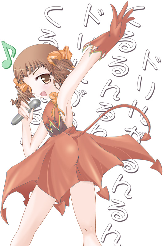 kai akira, matsudaira touko, d4 princess, maria-sama ga miteru, 1girl, ;d, armpits, ascot, bare shoulders, blunt bangs, brown eyes, brown hair, dress, elbow gloves, female focus, gloves, looking at viewer, microphone, music, musical note, one eye closed, open mouth, parody, quaver, red dress, red gloves, singing, smile, solo