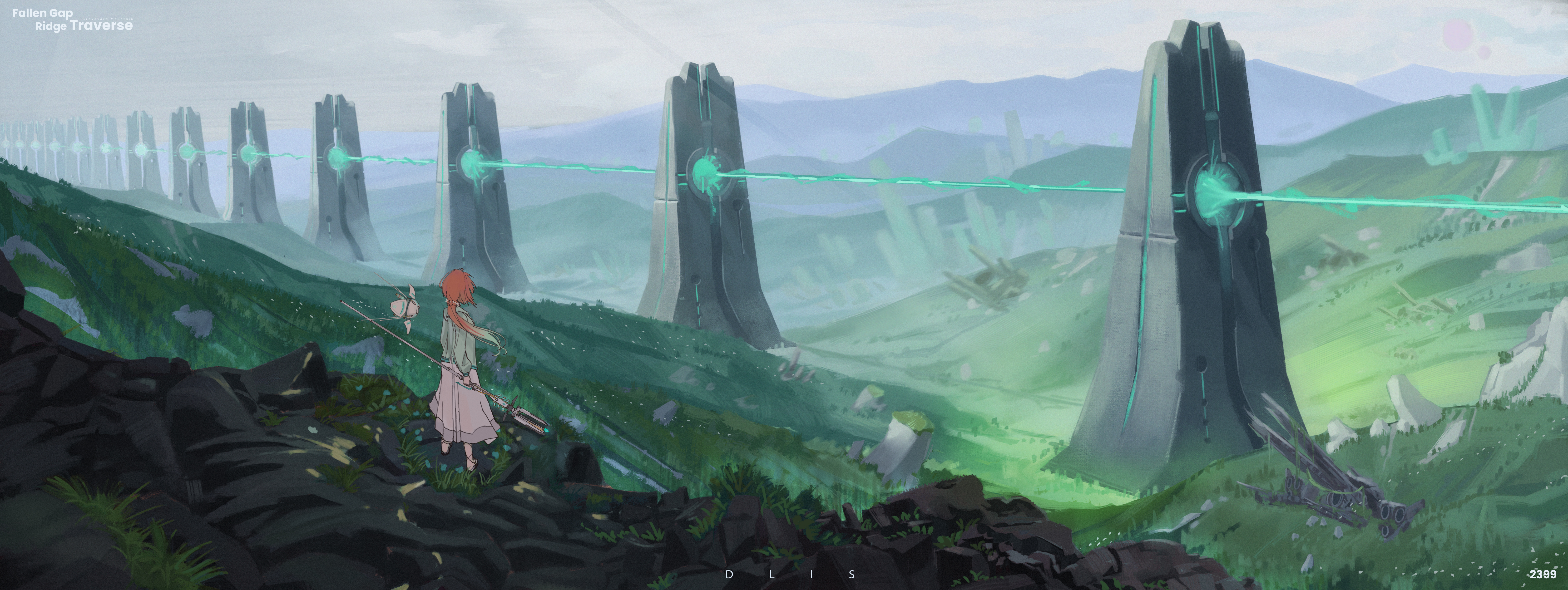 dlis, original, absurdres, commentary, highres, 1girl, artist name, day, energy, field, from behind, gradient hair, grass, grey shirt, grey sky, hill, holding, long hair, long skirt, multicolored hair, orange hair, outdoors, pink skirt, ponytail, robot, scenery, science fiction, shirt, skirt, sky, solo, standing, valley, wide shot