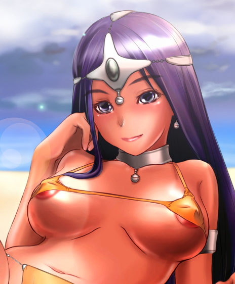 asaki yuki, bikini, breasts, long hair, purple eyes, purple hair, swimsuit, tan