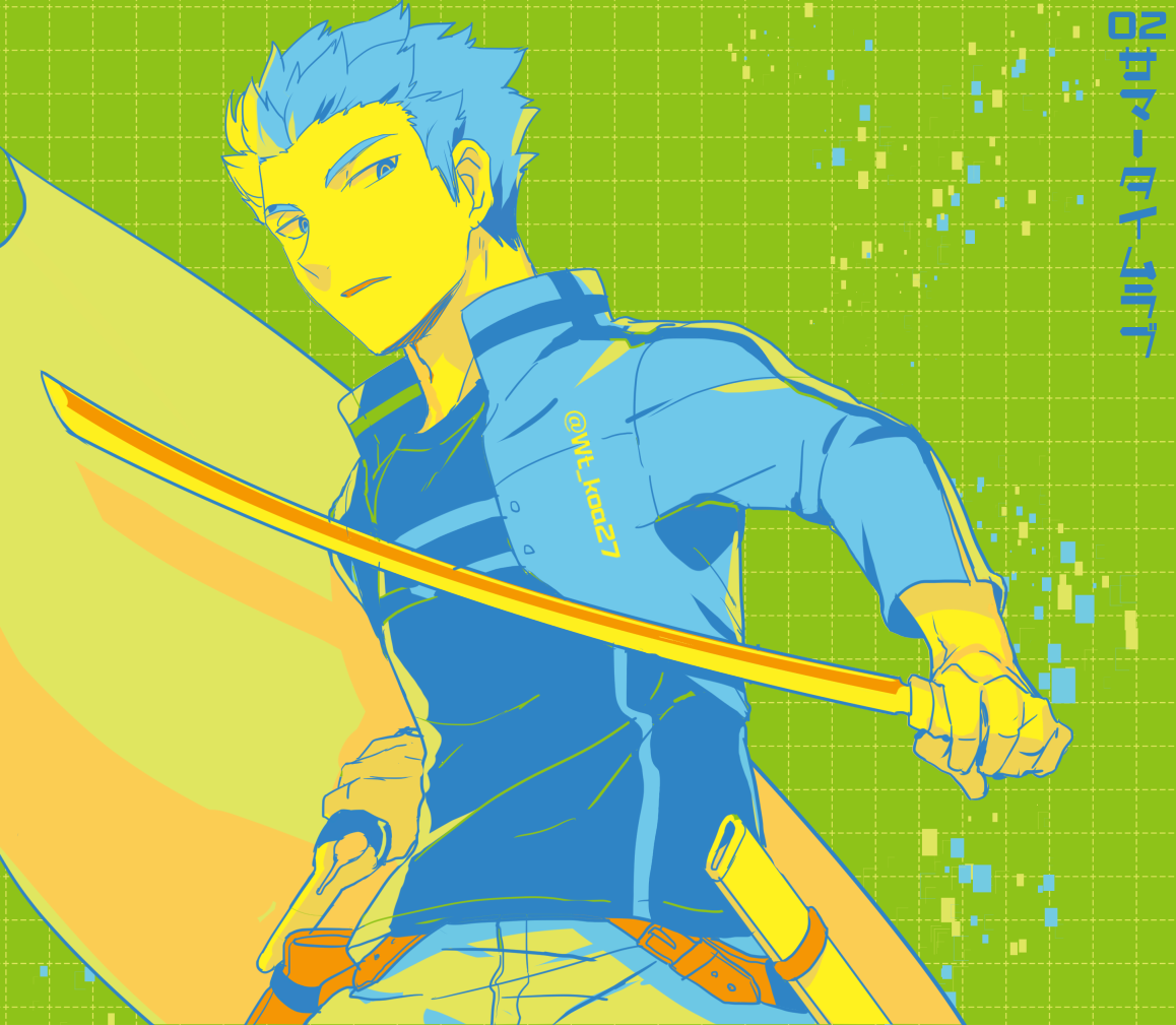 nikame, murakami kou, world trigger, holding, holding shield, holding sword, holding weapon, jacket, looking to the side, open mouth, sheath, shield, shirt, short hair, sword, weapon