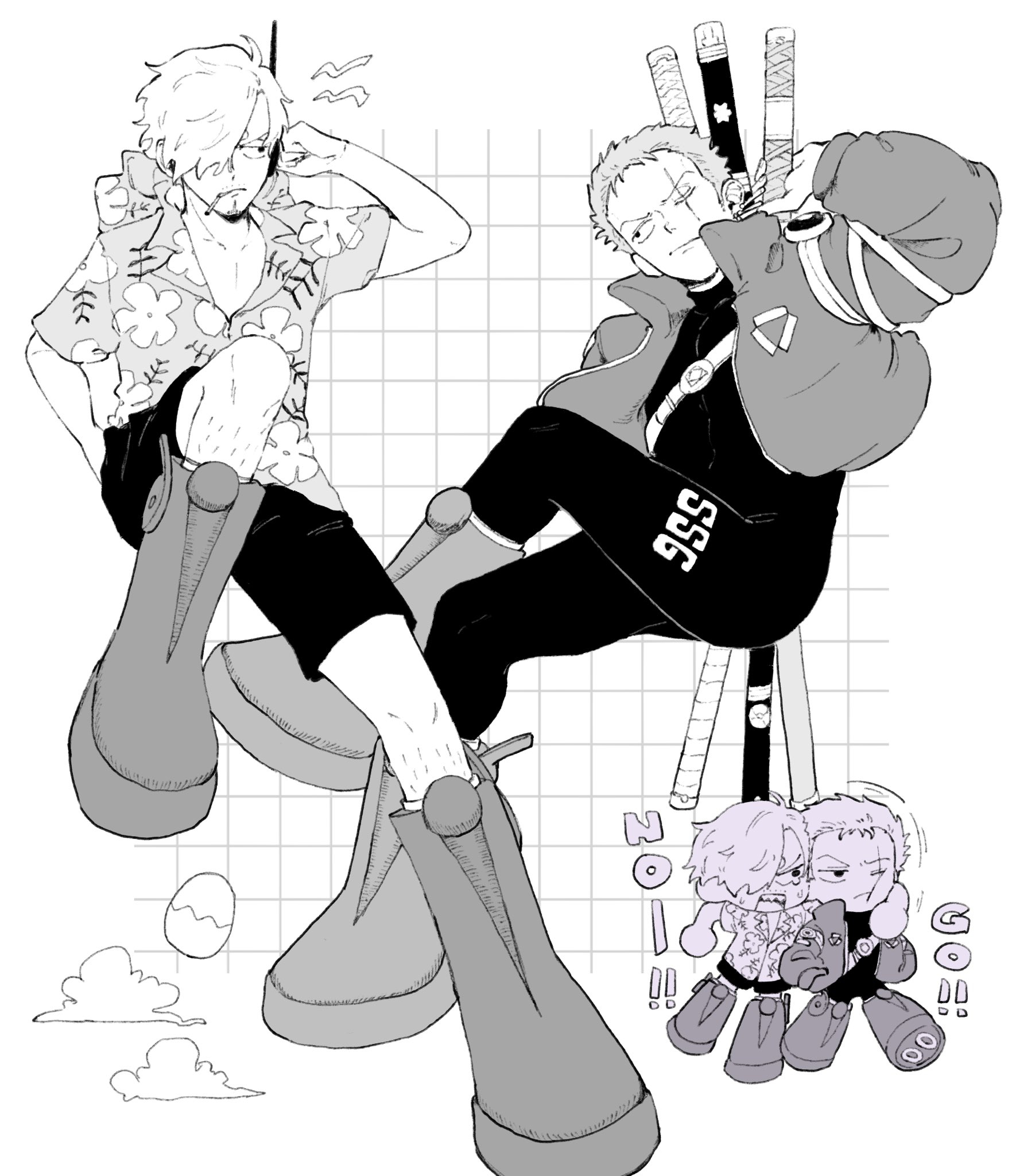iqracha, roronoa zoro, sanji (one piece), one piece, highres, 2boys, bodysuit, boots, chibi, closed mouth, cloud, earrings, egg, facial hair, foreshortening, goatee, greyscale, hair over one eye, hawaiian shirt, jacket, jewelry, leg hair, long sleeves, looking at another, male focus, monochrome, multiple boys, scar, scar across eye, scar on face, shirt, short hair, short sleeves, shorts, sword, weapon, weapon on back