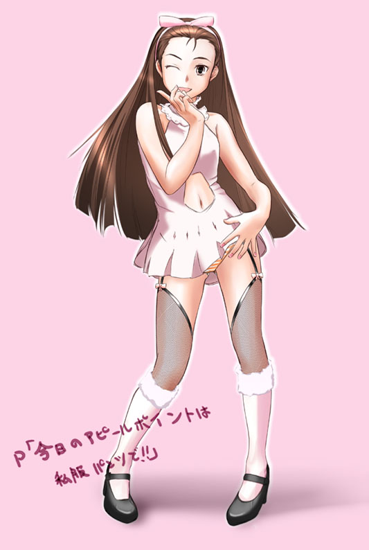 asaki yuki, minase iori, idolmaster, idolmaster (classic), idolmaster 1, 00s, 1girl, black shoes, bow, brown eyes, brown hair, dress, female focus, hairband, long hair, mary janes, pink bow, shoes, solo, thighhighs