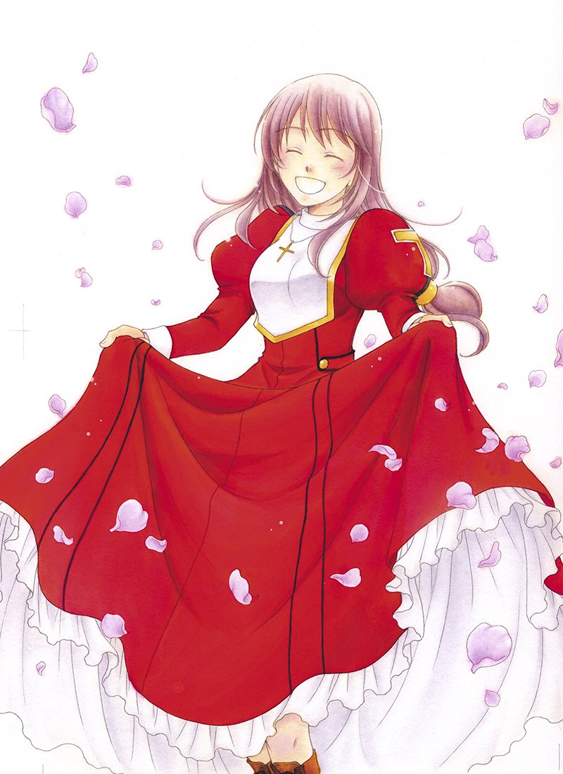 erica fontaine, sakura taisen, sakura taisen iii, blush, boots, brown boots, brown hair, cherry blossoms, closed eyes, collar, cross, curtsey, dress, fudepenclub, juliet sleeves, latin cross, long hair, long sleeves, low-tied long hair, open mouth, petals, puffy sleeves, red dress, sidelocks, white background, white collar