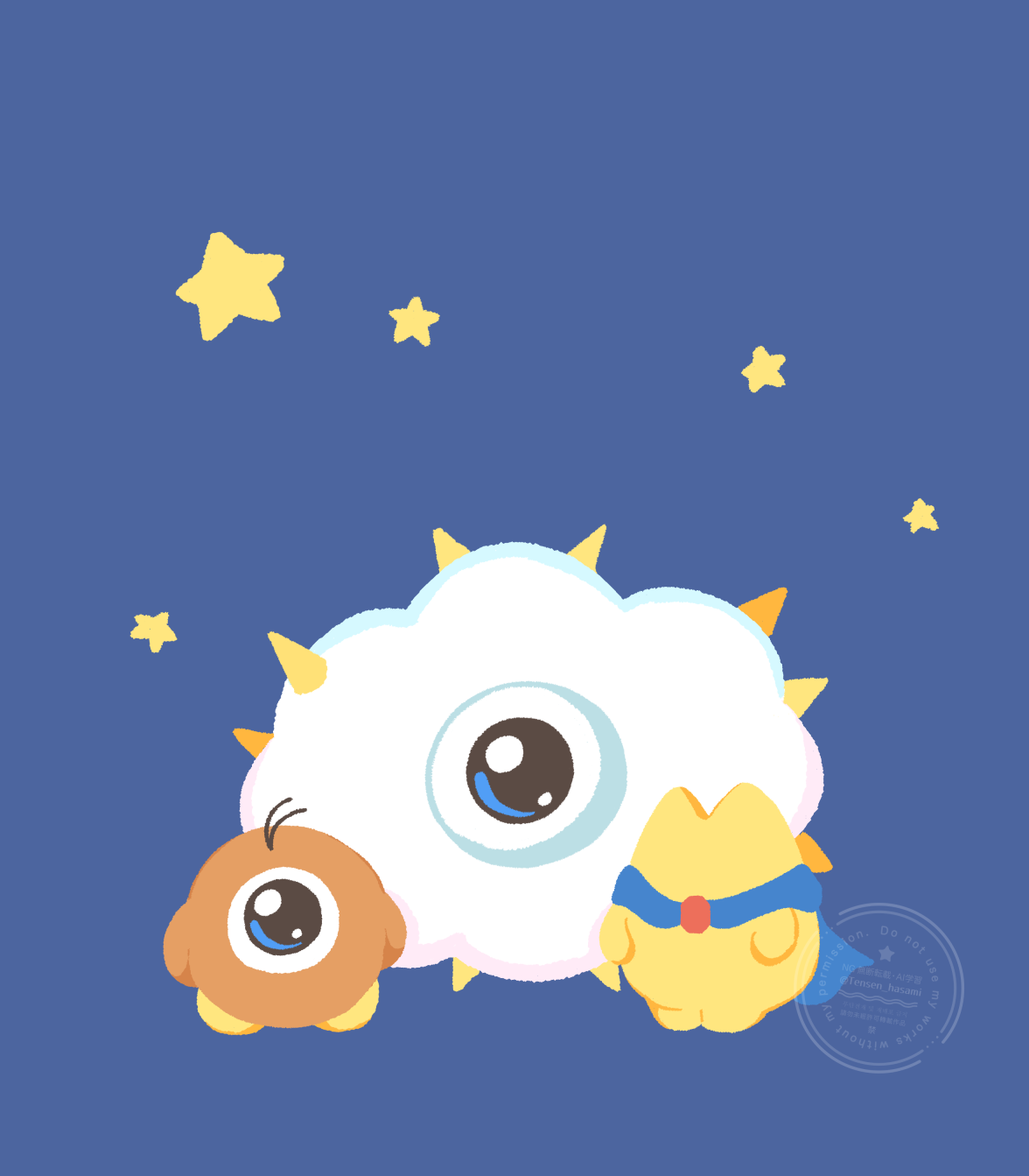 tensen yattoko, kracko, starman (kirby), waddle doo, kirby (series), nintendo, blue background, blue cape, blue eyes, cape, cloud, full body, looking at viewer, no humans, no lineart, one-eyed, simple background, spikes, standing, star (symbol), watermark