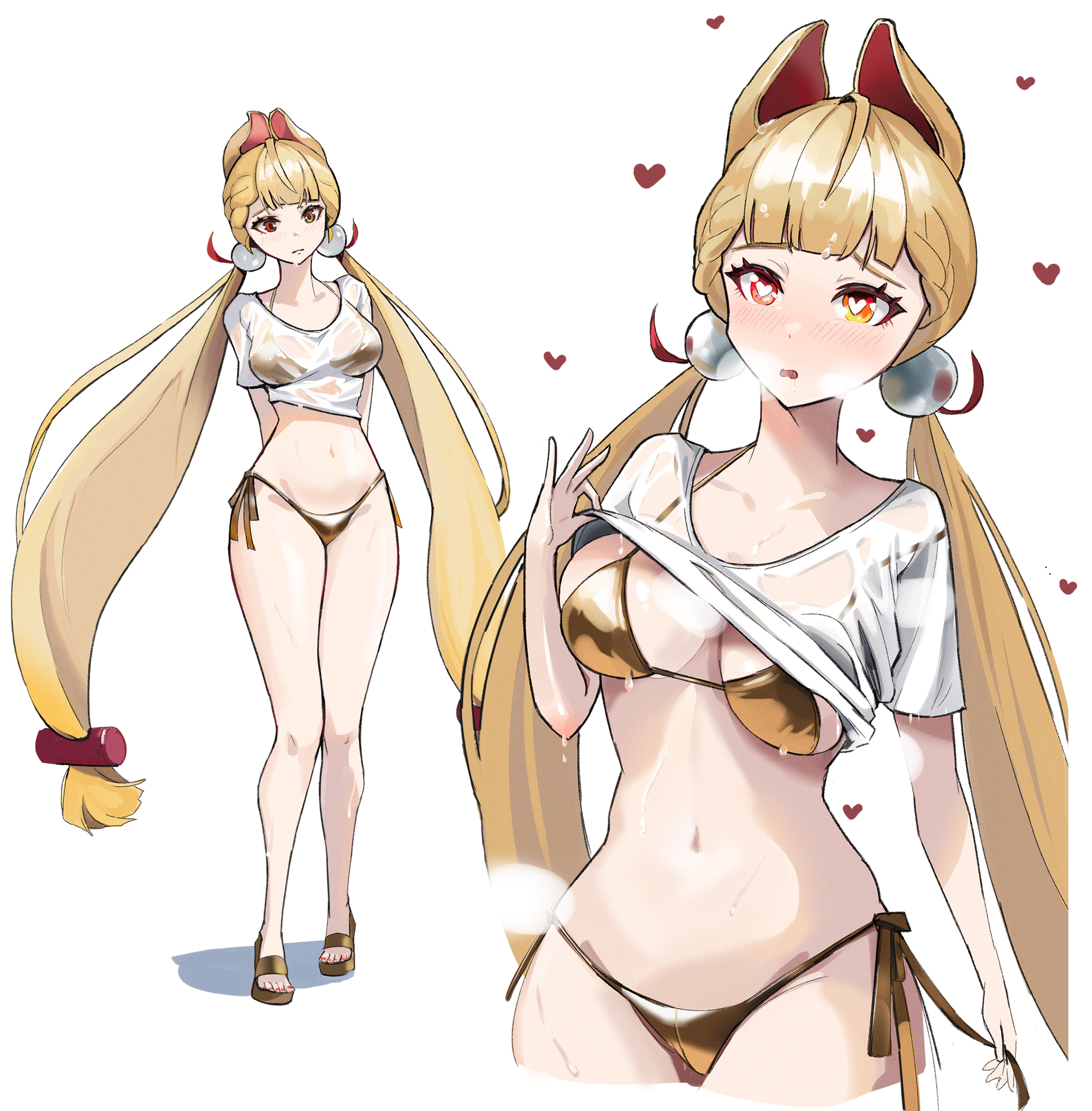 prev/next, alice thymefield, zenless zone zero, absurdres, highres, 1girl, animal ears, bikini, blonde hair, breasts, clothes lift, full body, gold bikini, heart, heterochromia, large breasts, long hair, low twintails, multiple views, rabbit ears, rabbit girl, red eyes, shirt, shirt lift, side-tie bikini bottom, simple background, sphere hair ornament, sweat, swimsuit, t-shirt, twintails, very long hair, white background, white shirt, yellow eyes