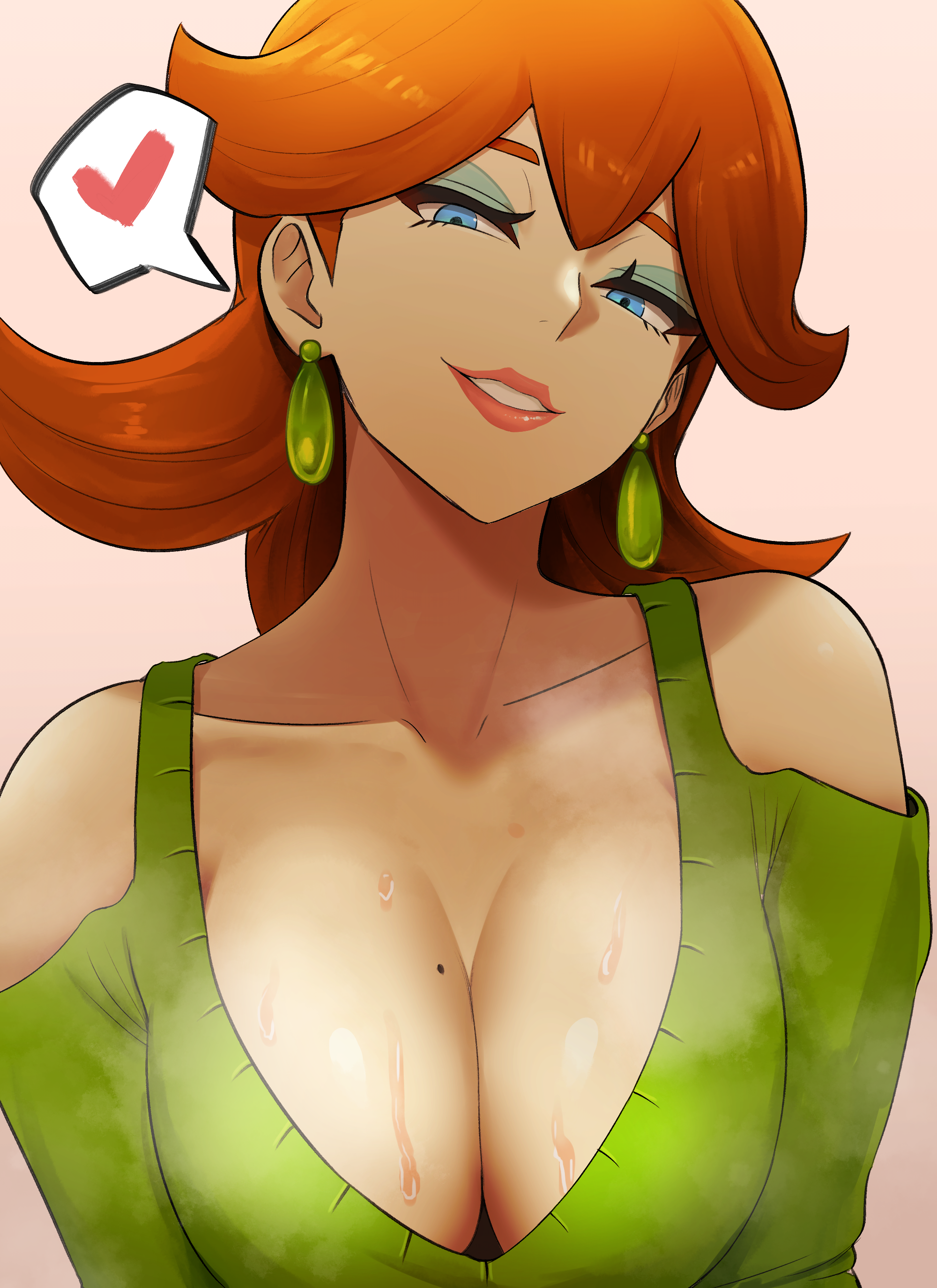 i b (yaun2242), honey (pokemon), nintendo, pokemon, pokemon swsh, absurdres, highres, bare shoulders, blue eyes, breasts, earrings, green sweater, heart, jewelry, large breasts, looking at viewer, makeup, mature female, mole, mole on breast, orange hair, smile, sweat, sweatdrop, sweater, teeth