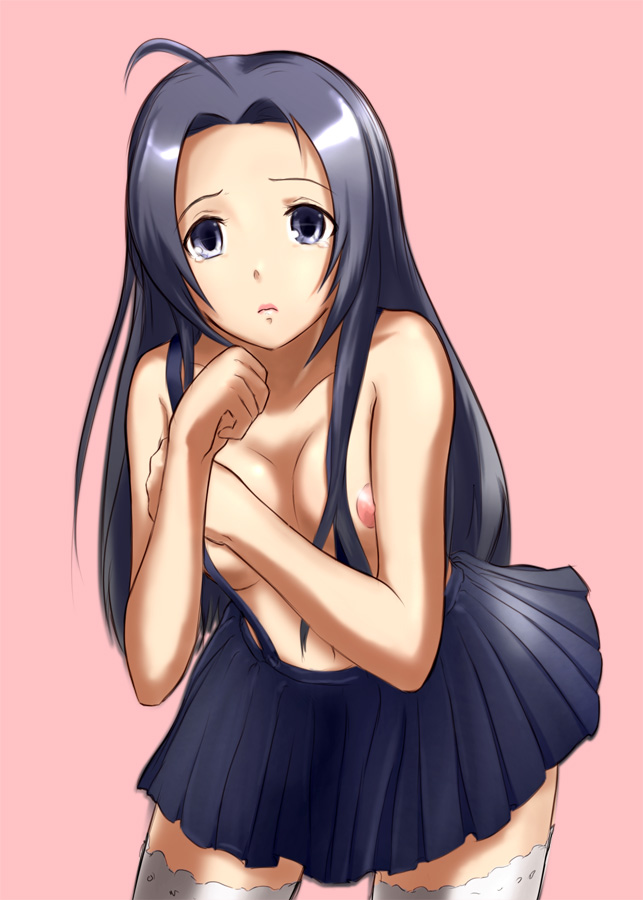 asaki yuki, miura azusa, idolmaster, idolmaster (classic), idolmaster 1, 00s, 1girl, black hair, blue eyes, breasts, female focus, long hair, nipples, skirt, small breasts, solo, tears, thighhighs, topless female, zettai ryouiki