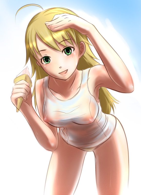 asaki yuki, hoshii miki, idolmaster, idolmaster (classic), idolmaster 1, 00s, 1girl, blonde hair, female focus, food, green eyes, ice cream, long hair, one-piece swimsuit, school swimsuit, see-through clothes, shirt, solo, swimsuit, wet, wet clothes, wet shirt, white one-piece swimsuit, white school swimsuit