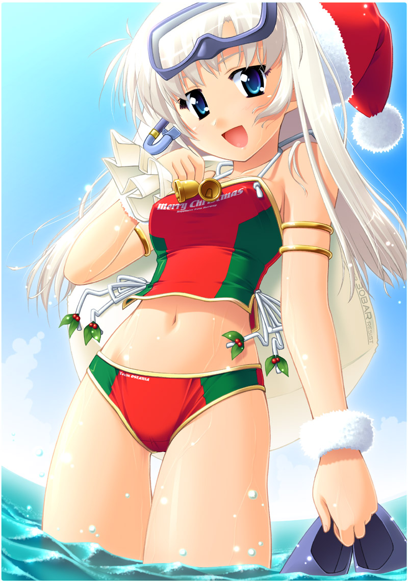 artist request, copyright request, 1girl, bikini, blue eyes, breasts, christmas, female focus, hat, large breasts, long hair, multicolored bikini, ocean, panties, santa bikini, santa costume, santa hat, solo, swimsuit, underwear, water, white hair