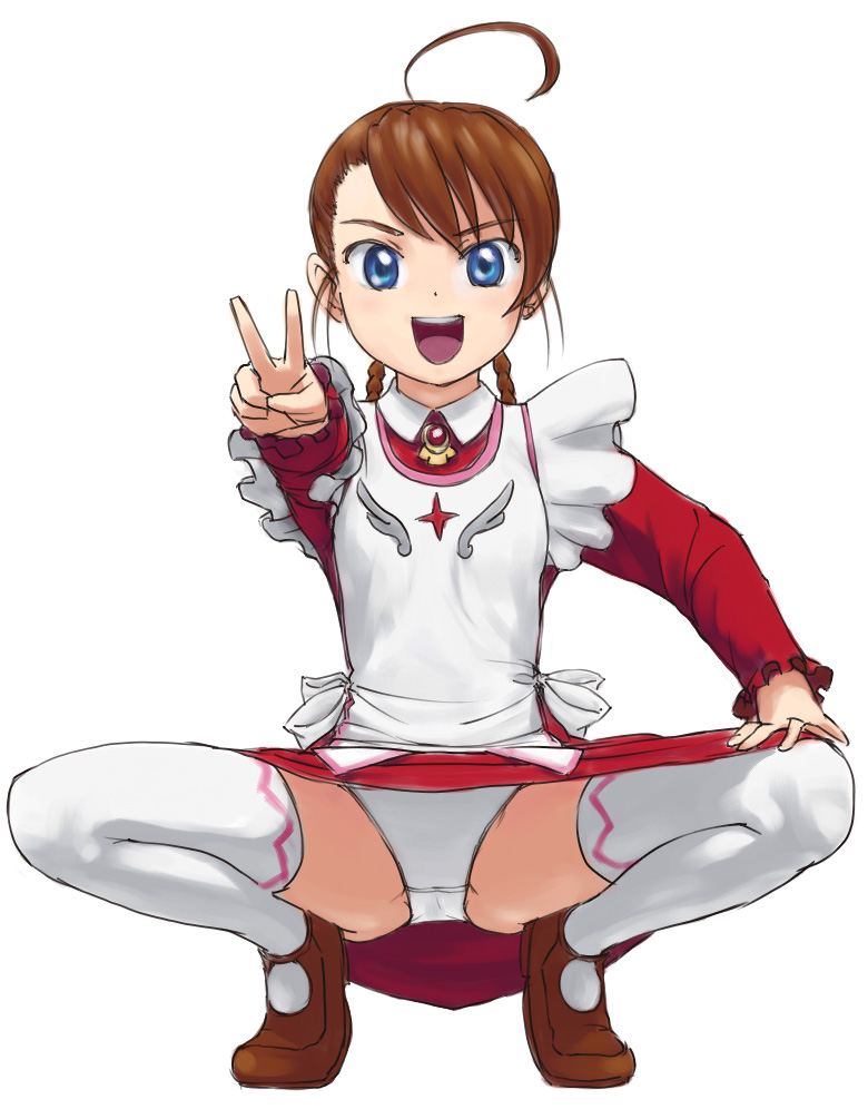 calpara, arika yumemiya, my-otome, 00s, 1girl, ahoge, blue eyes, braid, brown hair, cameltoe, clothes lift, female focus, frills, garderobe uniform, maid, open mouth, panties, pantyshot, skirt, skirt lift, smile, solo, spread legs, squatting, thighhighs, underwear, upskirt, v, white panties