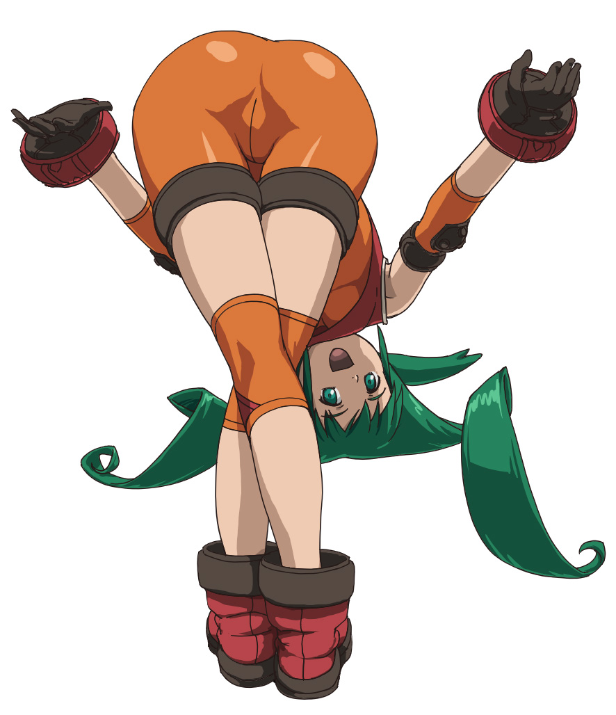 calpara, solty revant, solty rei, 00s, 1girl, ass, bent over, crotch, drill hair, female focus, green eyes, green hair, looking at viewer, matching hair/eyes, smile, solo, spandex, tight clothes