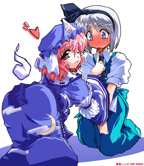 takana shinno, konpaku youmu, saigyouji yuyuko, touhou, 2girls, ;p, all fours, arm garter, artist name, ascot, black hairband, black ribbon, blue dress, blue hat, blush, cloud print, collared shirt, crescent, dress, feeding, female focus, food in mouth, frilled shirt collar, frills, full-face blush, green skirt, green vest, grey eyes, hair between eyes, hair ribbon, hairband, hand up, hat, heart, hitodama, index finger raised, kneeling, looking at viewer, looking back, mob cap, multiple girls, one eye closed, pink eyes, pink hair, print dress, puffy short sleeves, puffy sleeves, ribbon, sash, shadow, shirt, short hair, short sleeves, simple background, skirt, tongue, tongue out, triangular headpiece, v arms, veil, vest, white background, white hair, white shirt, wide sleeves