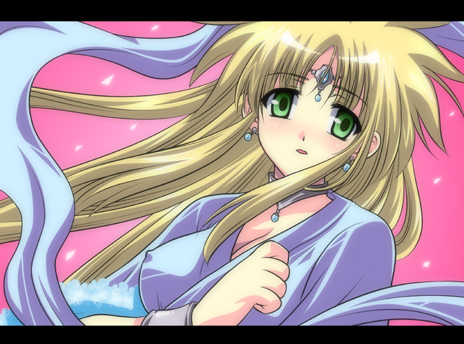 born free, prince of samantoria, chunsoft, dragon quest, dragon quest ii, enix, 1980s (style), gender request, 1girl, :o, alternate costume, alternate hair length, alternate hairstyle, blonde hair, blush, bracelet, breasts, circlet, cleavage, clenched hand, covered erect nipples, crown, earrings, female focus, floating hair, genderswap, green eyes, hat, jewelry, large breasts, letterboxed, long hair, looking at viewer, neck ring, oldschool, open mouth, pink background, shawl, sidelocks, simple background, solo, spiked hair, tiara, upper body, very long hair