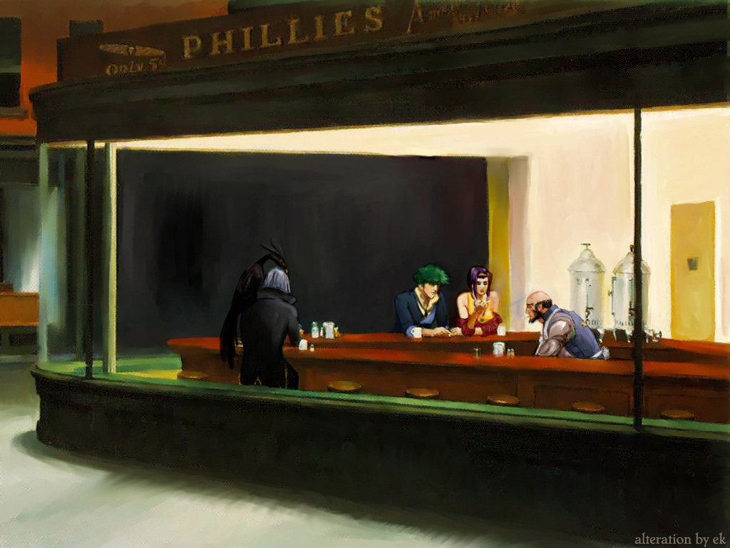 e.k weaver, faye valentine, jet black, spike spiegel, vicious (cowboy bebop), cowboy bebop, nighthawks, 1girl, 3boys, animal, animal on shoulder, balding, bar stool, bare shoulders, beard, bird, black hair, collared shirt, counter, door, facial hair, fine art parody, green hair, indoors, loose necktie, multiple boys, necktie, night, parody, prosthesis, prosthetic arm, purple hair, shirt, short hair, slice of life, stool, yellow shirt