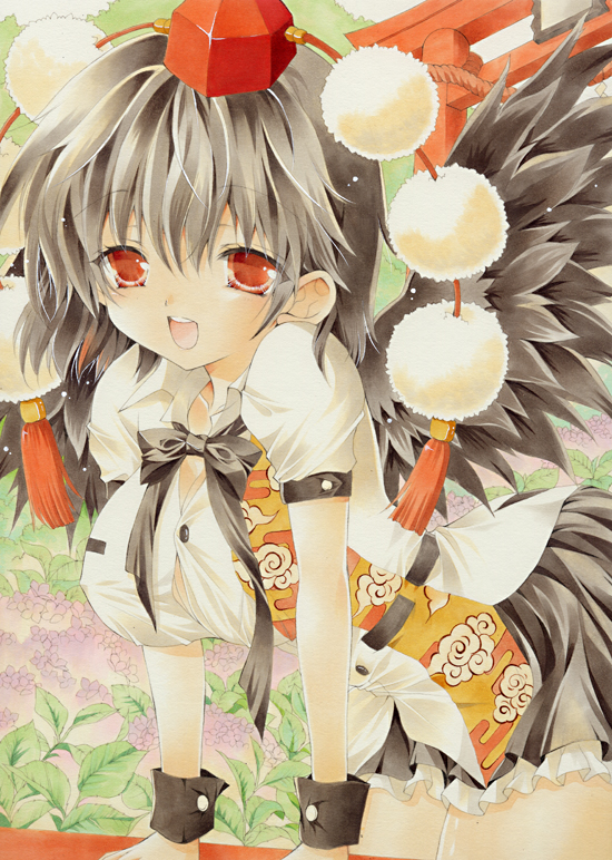 marron marron, shameimaru aya, touhou, marker (medium), traditional media, 1girl, ayaya~, bent over, black bow, black bowtie, black hair, bow, bowtie, breasts, feathered wings, flower, hydrangea, looking at viewer, medium breasts, miniskirt, open mouth, pom pom (clothes), purple flower, red eyes, skirt, torii, wings