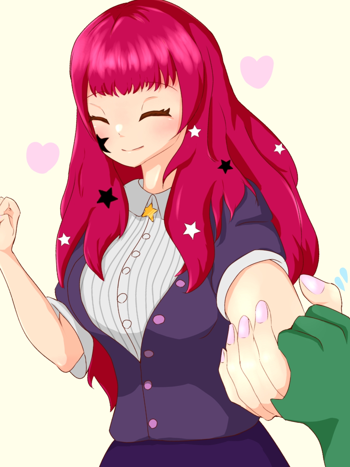 luigi von mario, yunaka (fire emblem), fire emblem, fire emblem engage, nintendo, highres, 1girl, 1other, breasts, closed eyes, closed mouth, facial mark, facing viewer, hair ornament, holding hands, medium breasts, pov, solo focus, star (symbol), star hair ornament