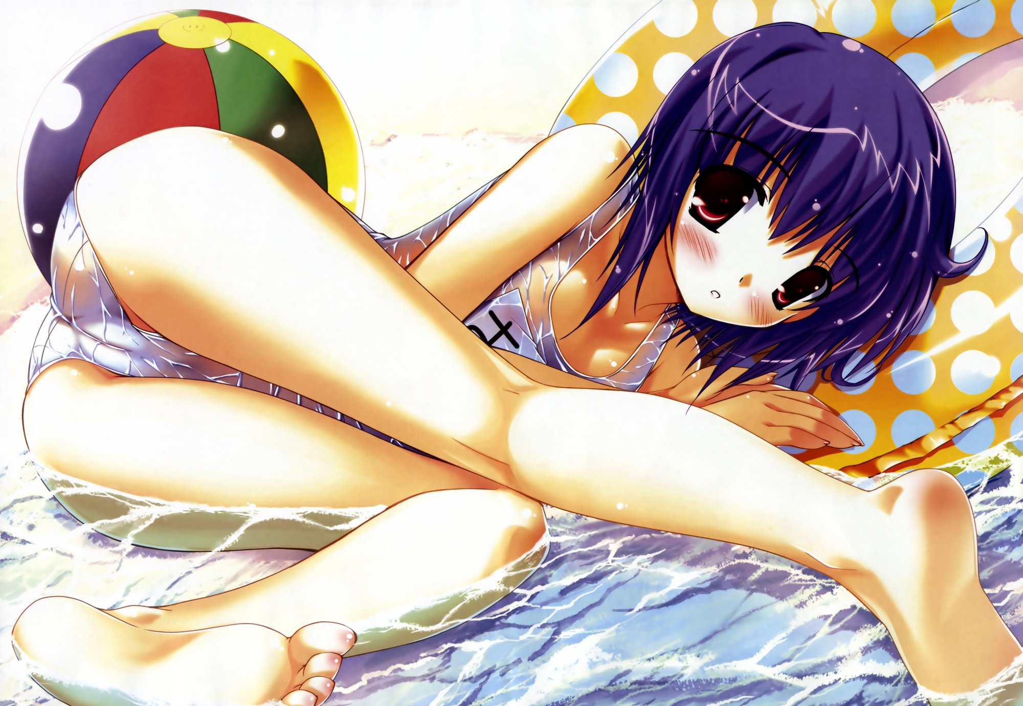 yuki usagi, hazuki sakura, pastel (game), highres, 1girl, ball, barefoot, beach, beachball, bent over, blush, cameltoe, cleft of venus, feet, female focus, innertube, legs, lying, name tag, on side, one-piece swimsuit, purple hair, pussy, red eyes, school swimsuit, see-through clothes, soles, solo, submerged, swim ring, swimsuit, toes, water, wet, wet clothes, white one-piece swimsuit, white school swimsuit
