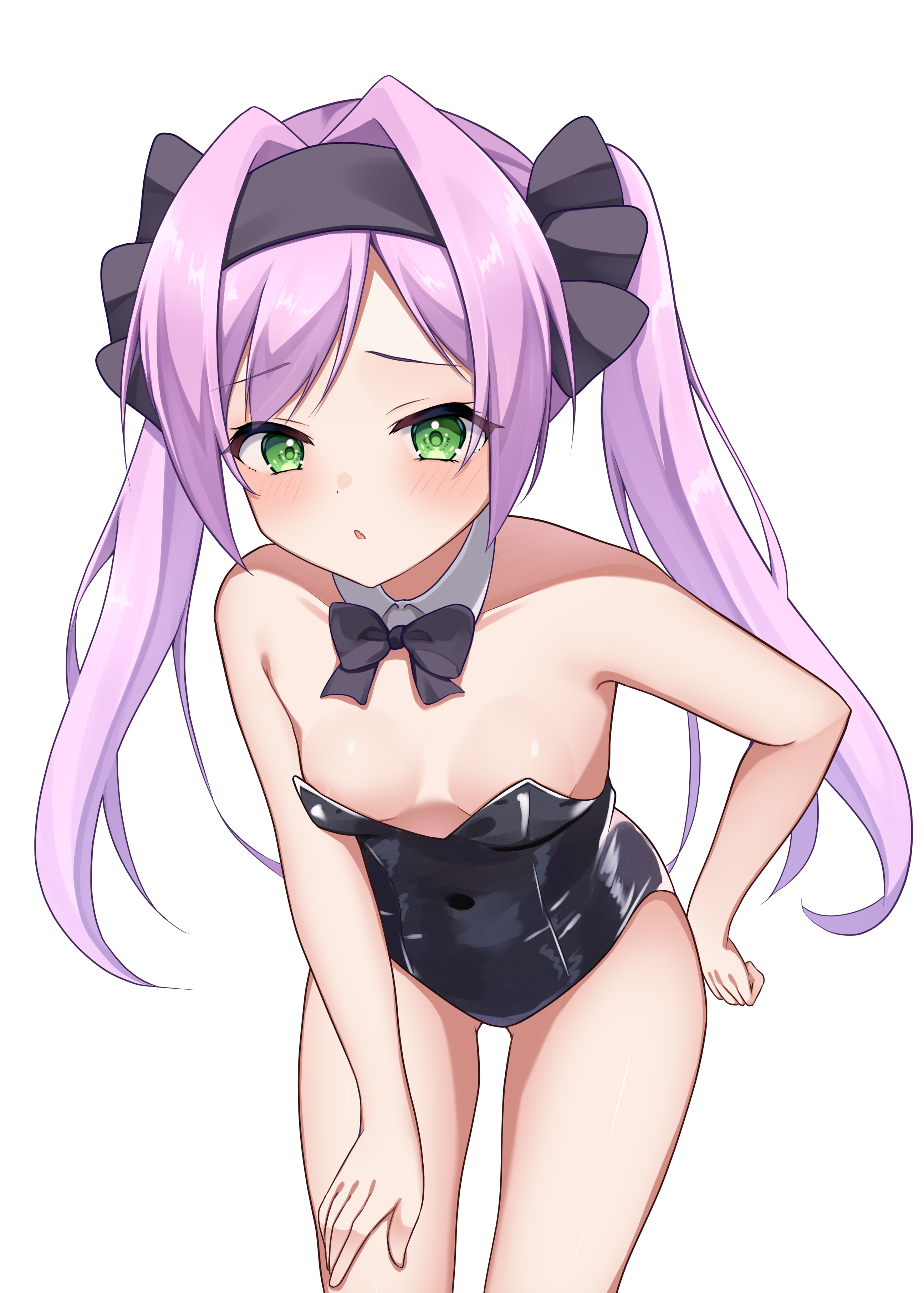 cool squid398, misaki sango, re:stage!, absurdres, highres, 1girl, animal ear hairband, animal ears, bare legs, black bow, black bowtie, black hairband, black leotard, bow, bowtie, breasts, detached collar, fake animal ears, feet out of frame, green eyes, hair intakes, hairband, hand on own thigh, leaning forward, leotard, long hair, looking at viewer, purple hair, simple background, small breasts, solo, strapless, strapless leotard, twintails, white background
