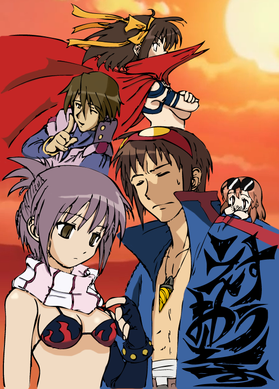 asahina mikuru, boota (ttgl), kamina (ttgl), koizumi itsuki, kyon, leeron littner, nagato yuki, simon (ttgl), suzumiya haruhi, yoko littner, suzumiya haruhi no yuuutsu, tengen toppa gurren lagann, colorized, 2boys, 3girls, bikini, bikini top only, boota (cosplay), cosplay, crossover, kamina (cosplay), leeron (cosplay), multiple boys, multiple girls, parody, simon (cosplay), swimsuit, topless female, what, yoko littner (cosplay)