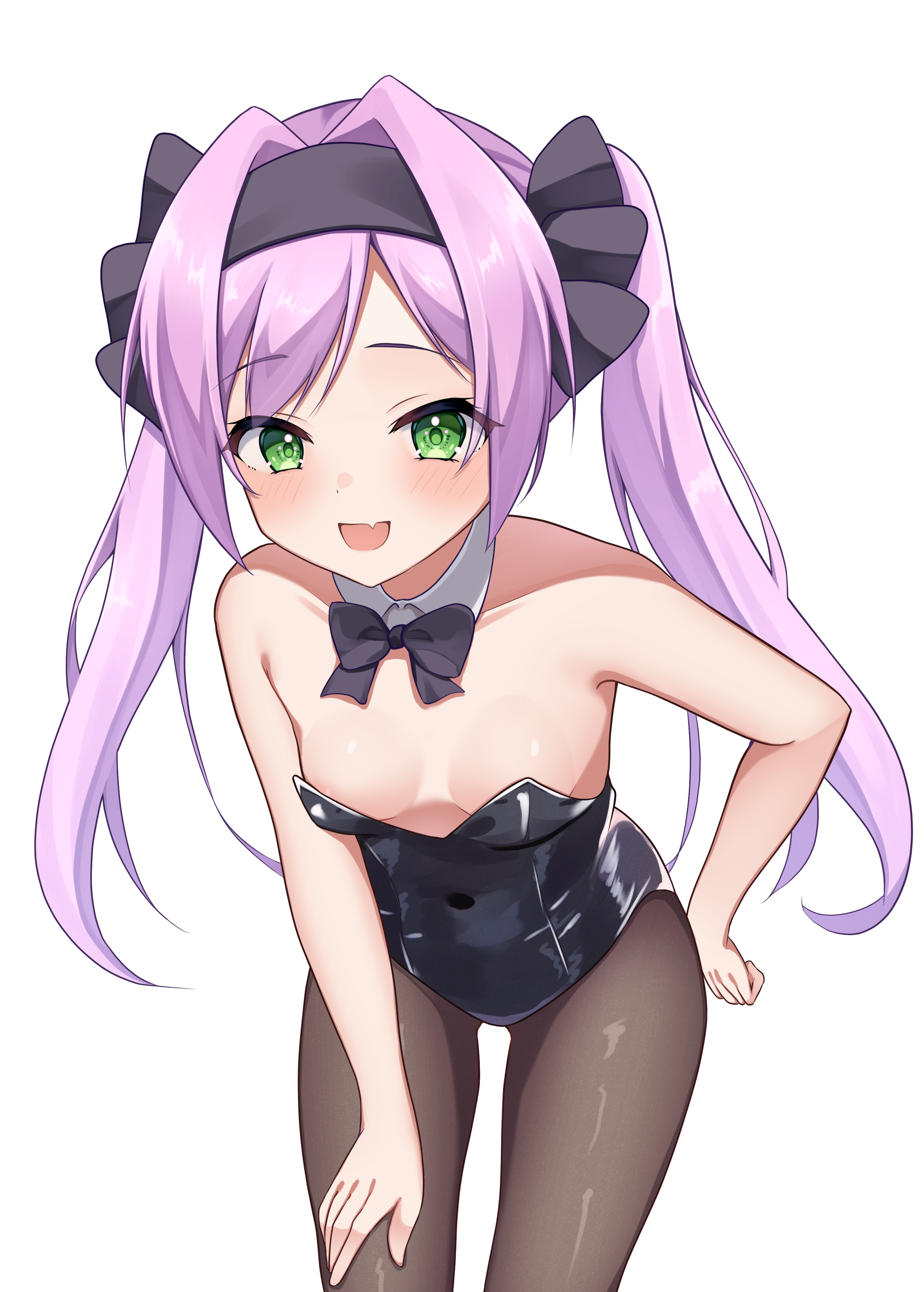 cool squid398, misaki sango, re:stage!, absurdres, highres, 1girl, animal ear hairband, animal ears, black bow, black bowtie, black hairband, black leotard, black pantyhose, bow, bowtie, breasts, detached collar, fake animal ears, feet out of frame, green eyes, hair intakes, hairband, hand on own thigh, leaning forward, leotard, long hair, looking at viewer, open mouth, pantyhose, purple hair, simple background, small breasts, smile, solo, strapless, strapless leotard, twintails, white background