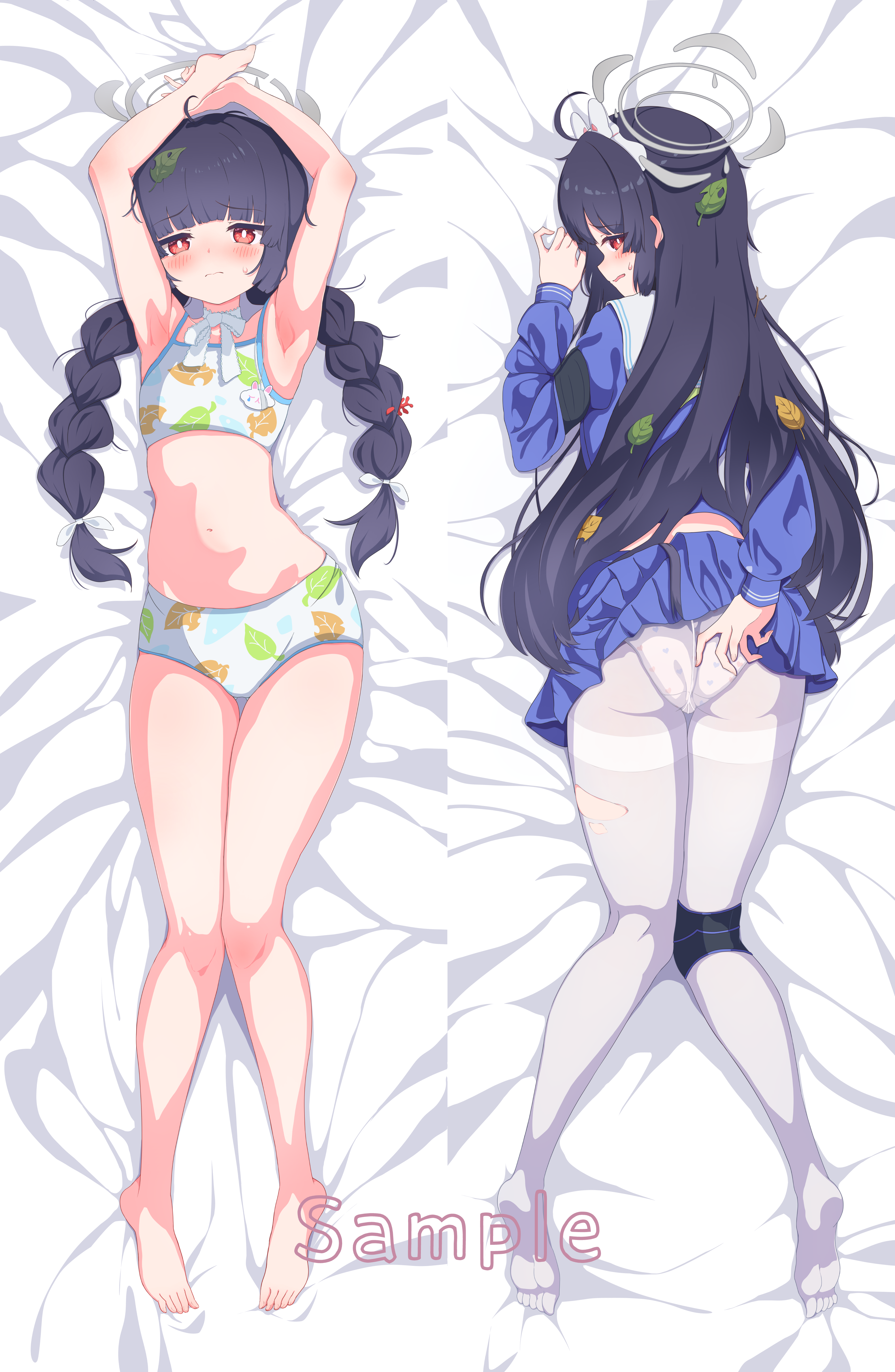 sharu06051, miyu (blue archive), miyu (swimsuit) (blue archive), blue archive, braided twintails, absurdres, commentary request, highres, 1girl, armpits, arms up, ass, barefoot, bikini, black hair, blue shirt, blue skirt, blunt bangs, braid, closed mouth, clothes lift, crotch seam, dakimakura (medium), embarrassed, full body, grey halo, halo, heart, heart panties, heart print, leaf, leaf print, long hair, looking at viewer, lying, multiple views, navel, neck ribbon, no shoes, on back, on bed, on stomach, panties, pantyhose, parted lips, pleated skirt, print bikini, print panties, red eyes, ribbon, sailor collar, shirt, skirt, skirt lift, stomach, sweatdrop, swimsuit, thighband pantyhose, torn clothes, torn pantyhose, underwear, white bikini, white panties, white pantyhose, white ribbon, white sailor collar