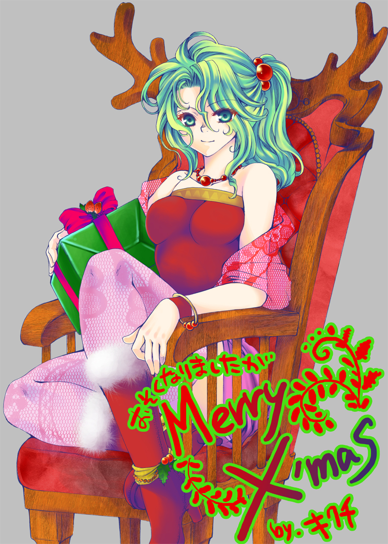 kamitani (laikaloid), tina branford, final fantasy, final fantasy vi, 1990s (style), 1girl, bracelet, breasts, chair, christmas, female focus, green eyes, green hair, jewelry, matching hair/eyes, necklace, on chair, ponytail, retro artstyle, sitting, smile, solo, thighhighs