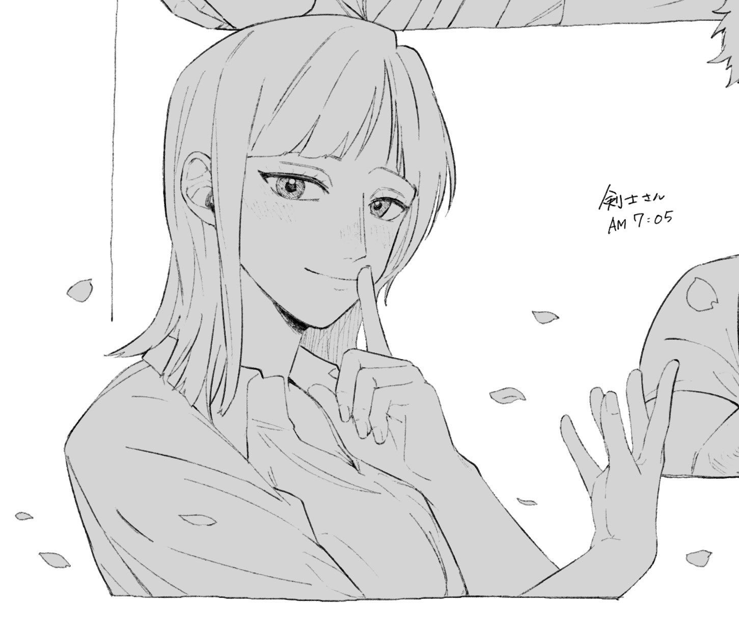 iqracha, nico robin, one piece, highres, translation request, 1girl, blush, closed mouth, collared shirt, cropped torso, eyelashes, fingernails, greyscale, index finger raised, long hair, monochrome, petals, shirt, short hair, smile, solo focus