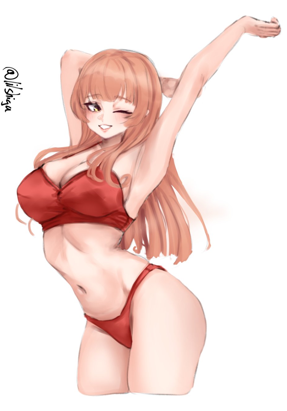 lilshigu, helena (kancolle), helena (swimsuit) (kancolle), kantai collection, highres, 1girl, bikini, breasts, brown hair, cleavage, cowboy shot, cropped legs, grin, long hair, looking at viewer, medium breasts, navel, one-hour drawing challenge, red bikini, red eyes, simple background, smile, solo, stretching, swimsuit, twitter username, white background
