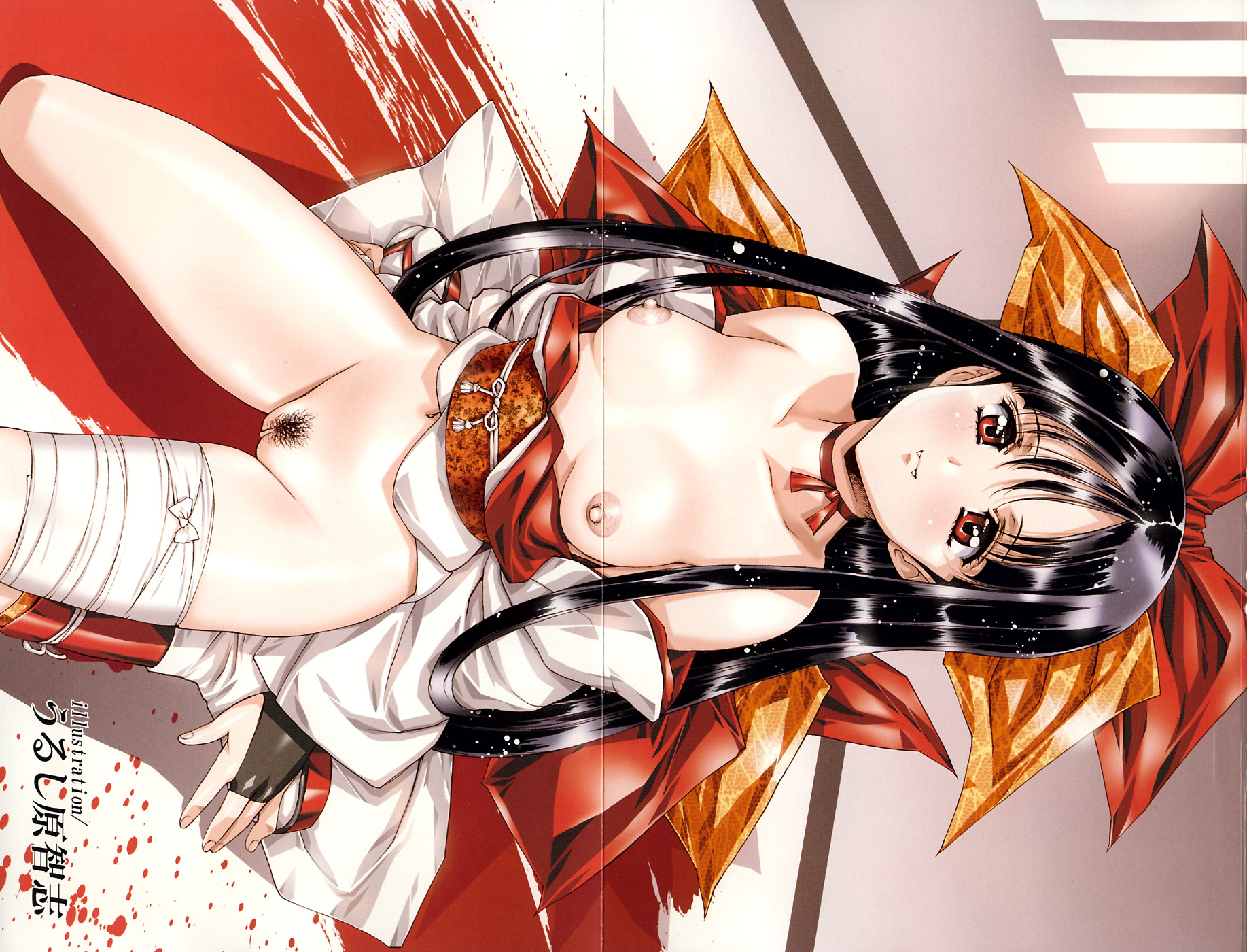 urushihara satoshi, highres, 1girl, breasts, fangs, female focus, female pubic hair, no panties, pubic hair, pussy, solo, uncensored