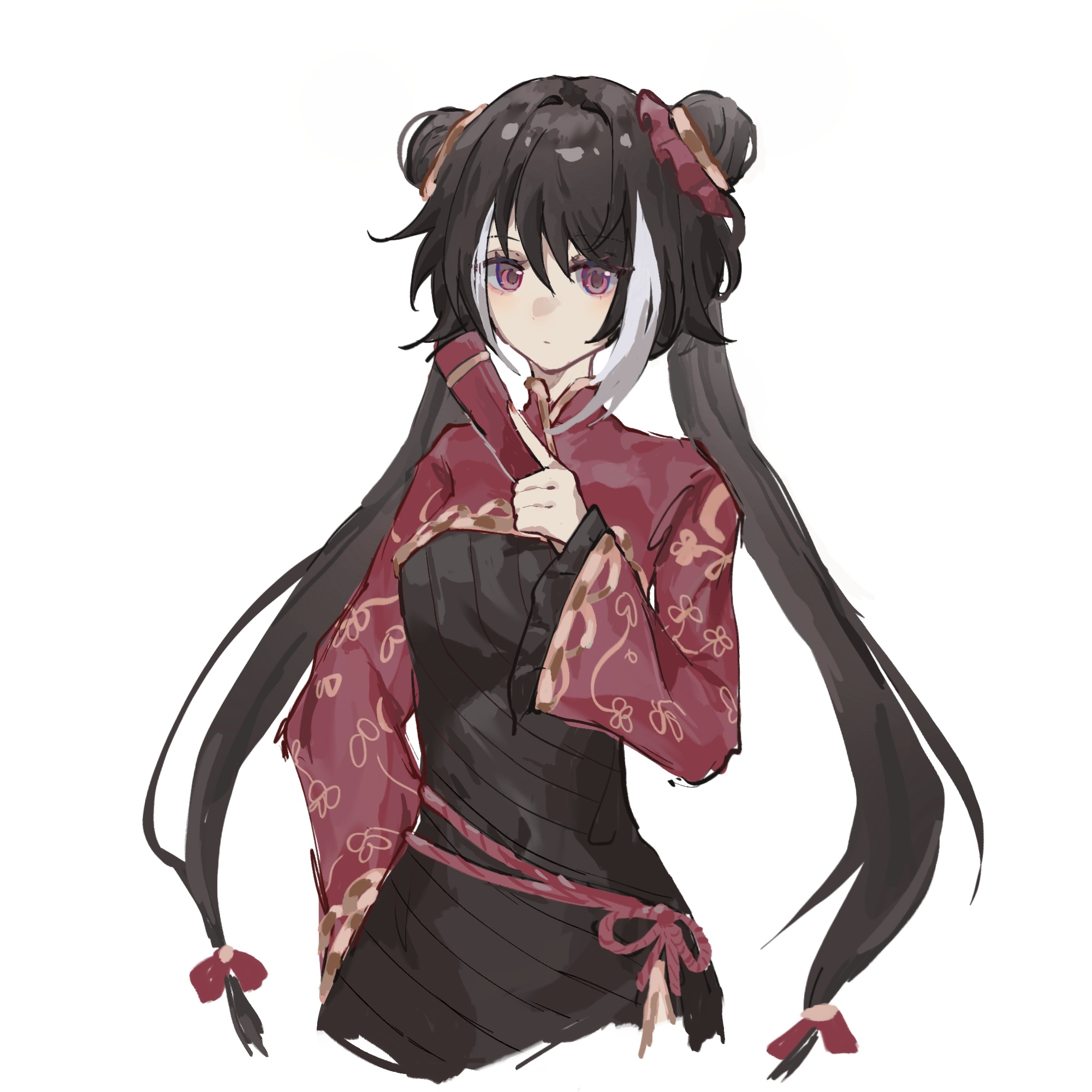 su:3, jia xichun (project moon), limbus company, project moon, commentary request, highres, 1girl, black dress, black hair, chinese clothes, covered navel, double bun, dress, expressionless, hair bun, hand fan, hand on own hip, holding, holding fan, long hair, long sleeves, looking at viewer, multicolored hair, red eyes, red nails, simple background, solo, streaked hair, twintails, white background