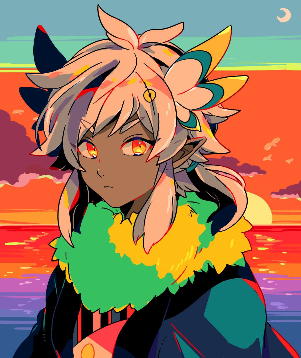 mizuki tsukimori, sky child, sky: children of the light, commentary request, highres, 1girl, blue kimono, closed mouth, cloud, colored skin, expressionless, grey skin, japanese clothes, kimono, looking at viewer, orange eyes, orange sky, pointy ears, short hair, sidelocks, sky, solo, sunset, thick eyebrows, white hair
