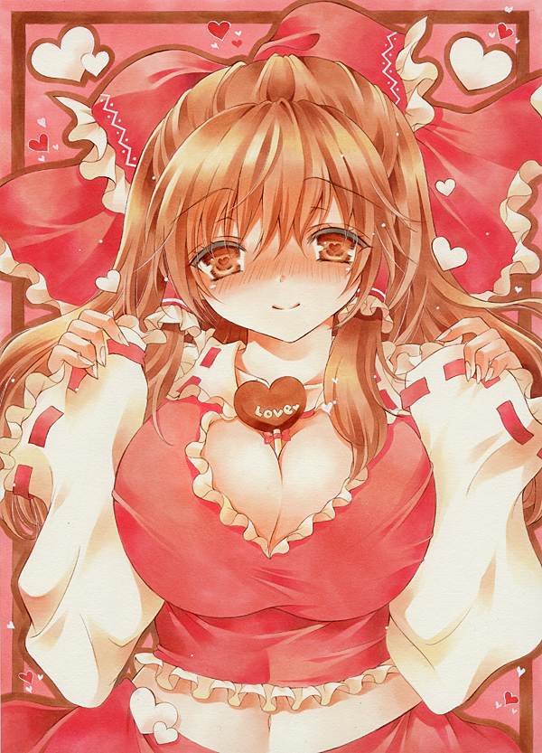 marron marron, hakurei reimu, touhou, marker (medium), traditional media, breasts, brown eyes, brown hair, chocolate, chocolate on body, chocolate on breasts, cleavage, food between breasts, food on body, hair ribbon, large breasts, long hair, looking at viewer, nontraditional miko, ribbon, straight-on, valentine