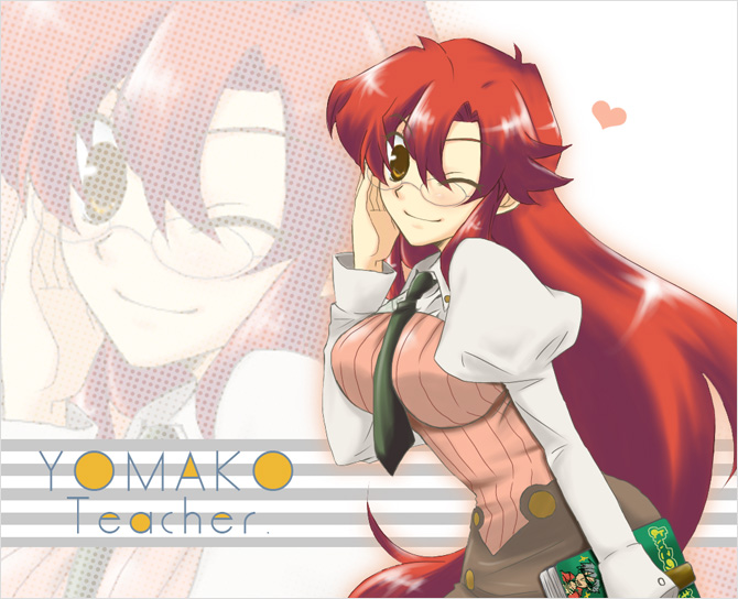 hazuki (pacco), yoko littner, yomako, tengen toppa gurren lagann, 00s, aged up, book, glasses, heart, long hair, necktie, one eye closed, red hair, solo, teacher, wink, yellow eyes, zoom layer