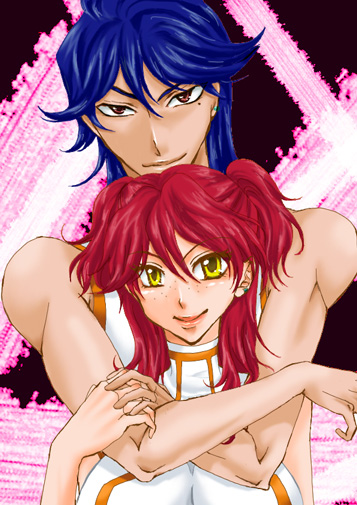 michael trinity, nena trinity, gundam, gundam 00, 00s, 1boy, 1girl, blush, brother and sister, freckles, red hair, siblings, two side up, yellow eyes