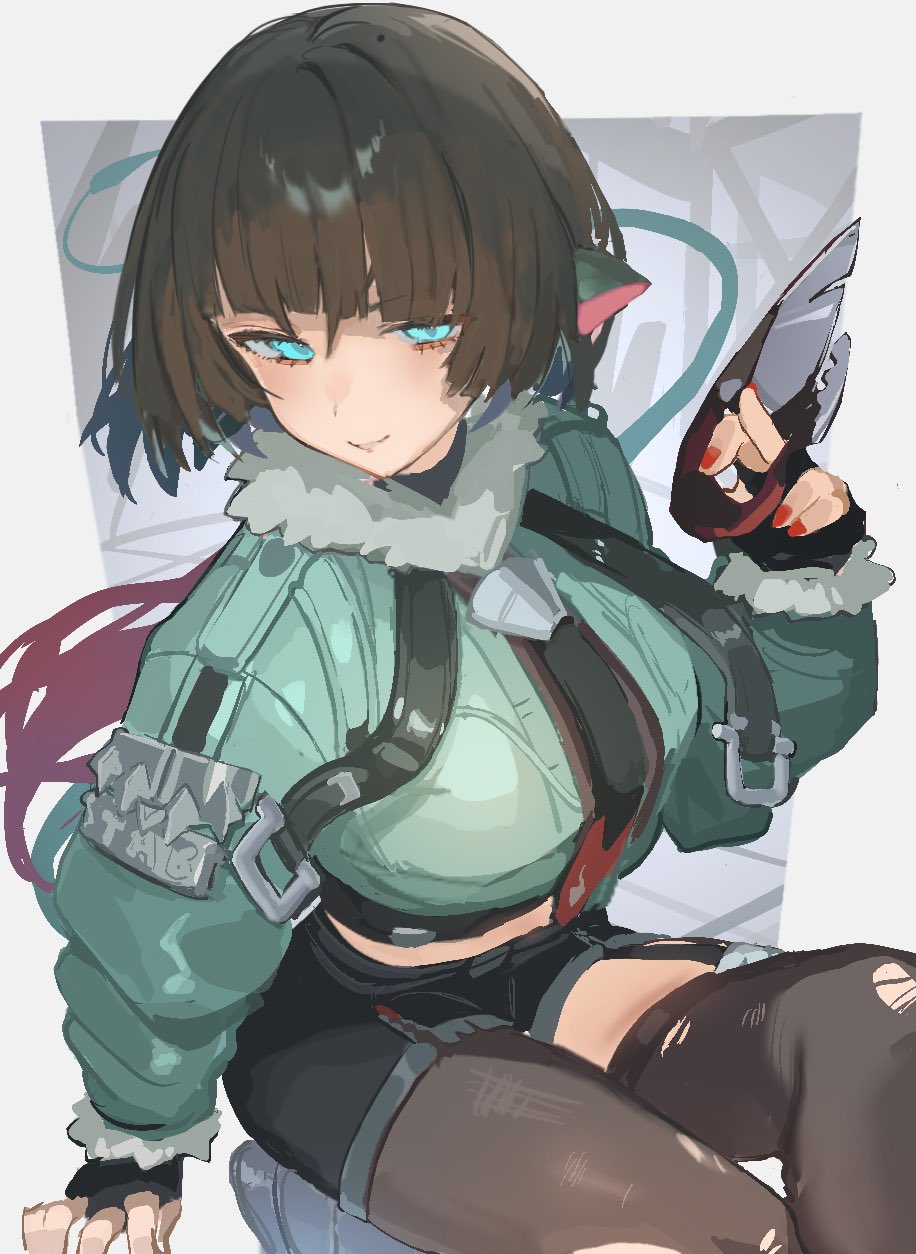 sorotu, jane doe (zenless zone zero), zenless zone zero, highres, 1girl, animal ears, aqua eyes, aqua jacket, black gloves, black hair, black shorts, blunt bangs, boots, breasts, brown pantyhose, closed mouth, crop top, cropped jacket, dagger, fingerless gloves, fur trim, gloves, grey boots, high-waist shorts, holding, jacket, knee boots, knife, large breasts, long hair, long sleeves, mouse ears, multicolored hair, nail polish, necktie, pantyhose, ponytail, prehensile tail, red hair, shirt, short shorts, shorts, single thighhigh, sketch, smile, solo, tail, tail raised, thighhighs, thighs, torn clothes, torn pantyhose, torn thighhighs, turtleneck, two-tone hair, undershirt, very long hair, weapon, wolf cut