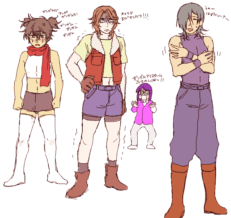 okayu (pieno), allelujah haptism, lockon stratos, setsuna f. seiei, tieria erde, gundam, gundam 00, brown footwear, uniform, translation request, 00s, 4boys, bare shoulders, belt, boots, buckle, crossed arms, full body, hand on own hip, knee boots, looking at viewer, male focus, multiple boys, muscular, navel, open clothes, open vest, red scarf, scarf, shorts, standing, stomach, tank top, twintails, vest
