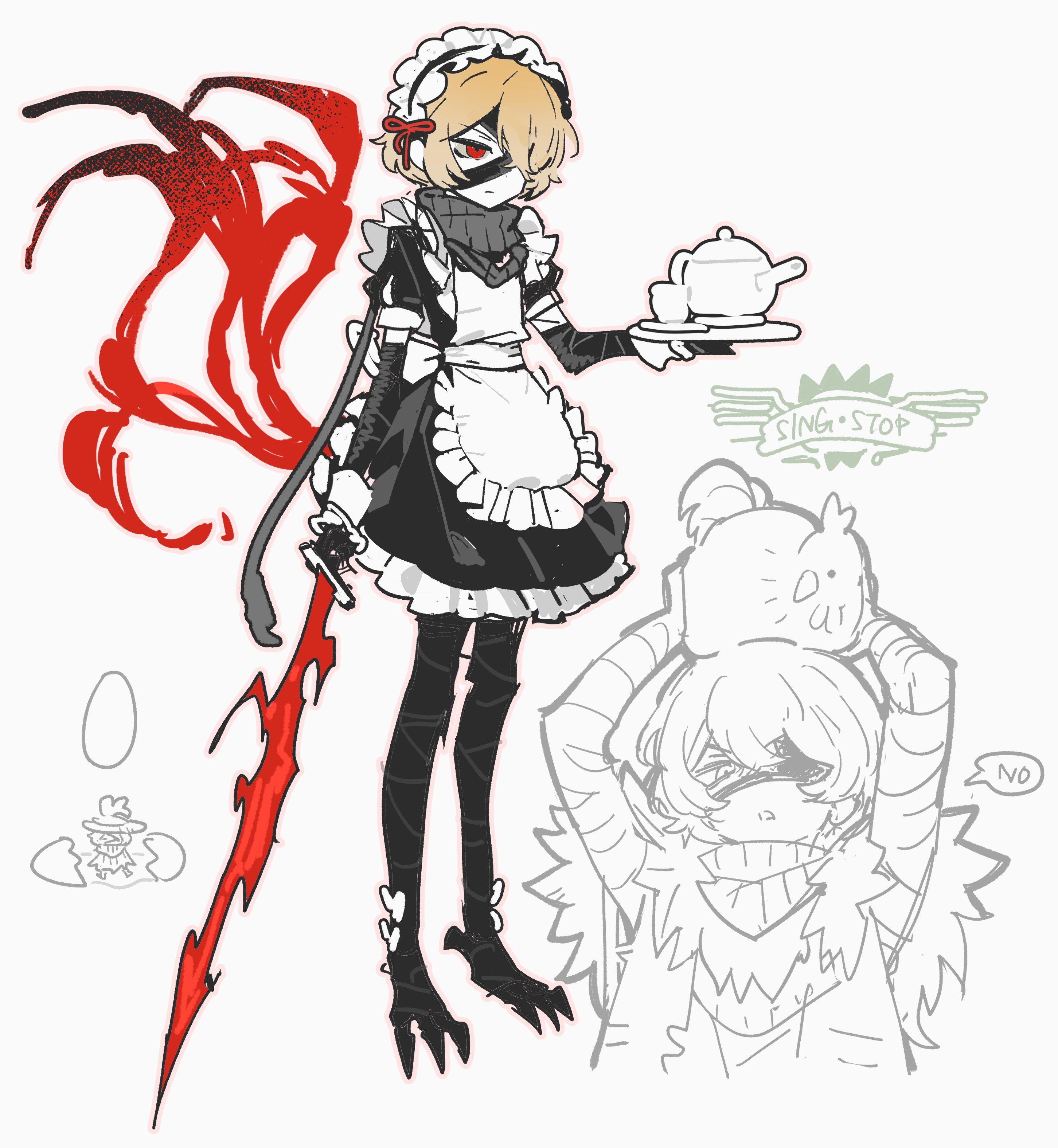 sinclair (project moon), limbus company, project moon, absurdres, highres, animal legs, apron, bandage on face, bandaged leg, bandages, bird, black dress, blonde hair, chicken, crossdressing, crossdressing (mtf), doodle inset, dress, fire, flaming sword, flaming weapon, frills, full body, grey background, grey scarf, heishou pack-you branch (identity) (project moon), holding, holding saucer, holding sword, holding weapon, maid, maid apron, maid headdress, male maid, one eye covered, poopingfox, puffy short sleeves, puffy sleeves, red eyes, red tail, saucer, scarf, short dress, short sleeves, simple background, sword, teapot, upper body, weapon