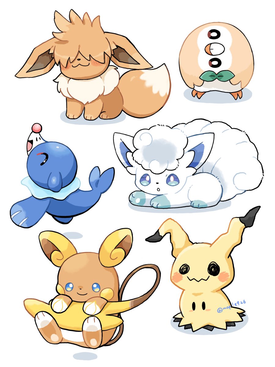 kana (maple926), alolan raichu, alolan vulpix, eevee, mimikyu, popplio, rowlet, nintendo, pokemon, commentary request, highres, alolan form, blue eyes, blush, bright pupils, brown eyes, closed eyes, floating, full body, gen 1 pokemon, gen 7 pokemon, lying, no humans, pokemon (creature), pokemon focus, sitting, smile, twitter username, white pupils