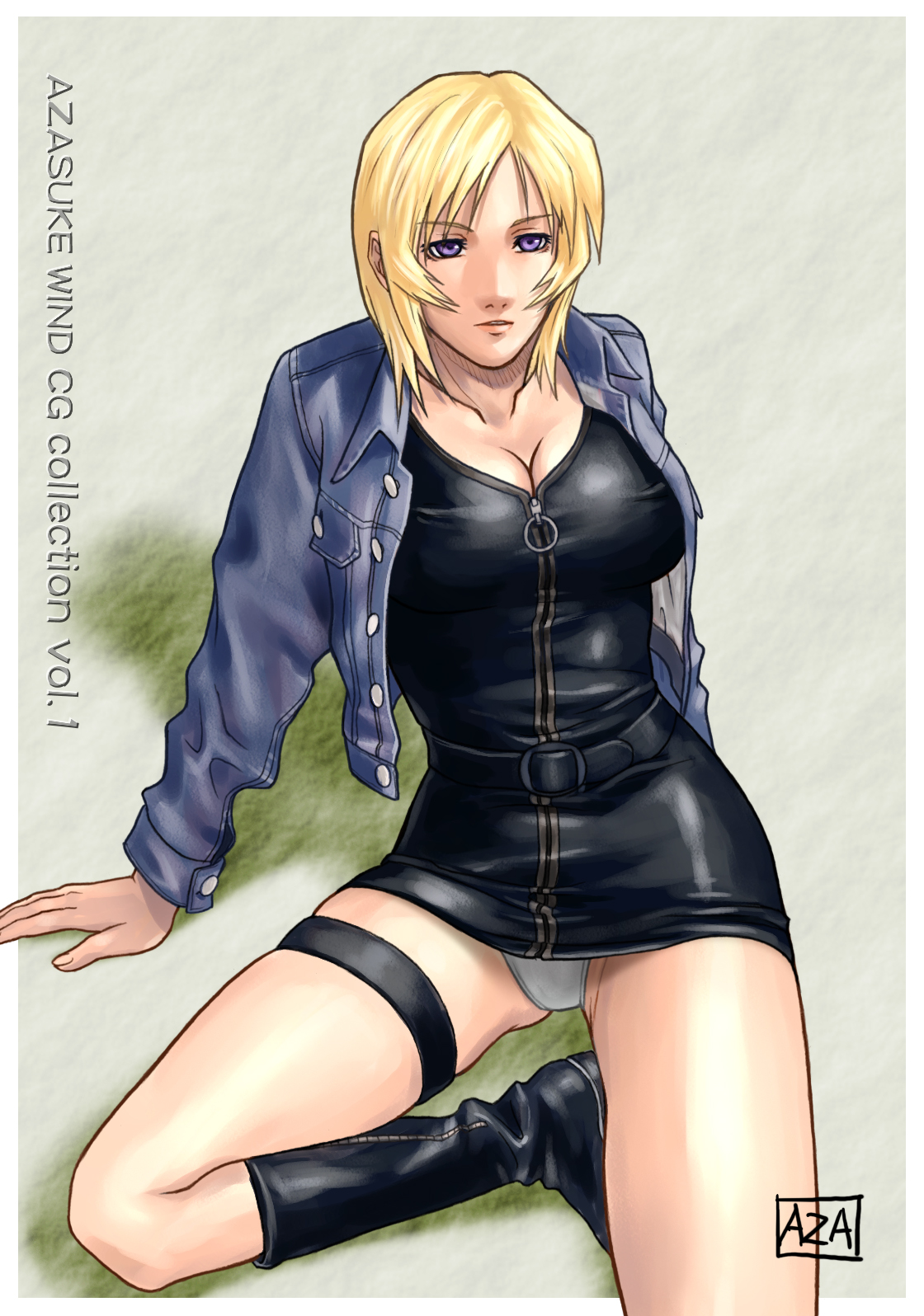 azasuke, aya brea, parasite eve (series), parasite eve ii, square enix, highres, non-web source, 1girl, blonde hair, breasts, cleavage, female focus, large breasts, leather, panties, pantyshot, solo, thigh strap, underwear