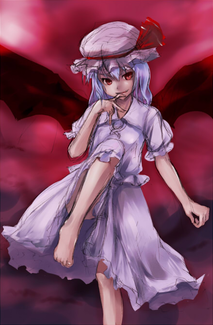 akino komichi, remilia scarlet, touhou, 1girl, barefoot, feet, female focus, hat, pink hat, sketch, solo, wings
