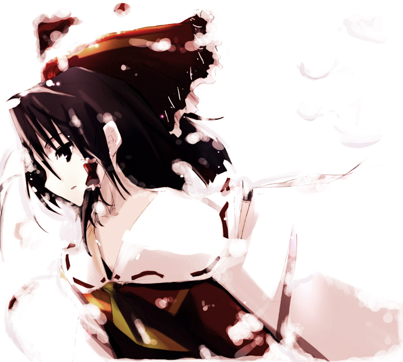 takanashi akihito, hakurei reimu, perfect cherry blossom, touhou, 1girl, ascot, bare shoulders, bow, closed mouth, colored skin, detached sleeves, female focus, from side, hair bow, hair tubes, long sleeves, profile, red bow, sidelocks, simple background, smile, snow, solo, upper body, vest, white background, white skin