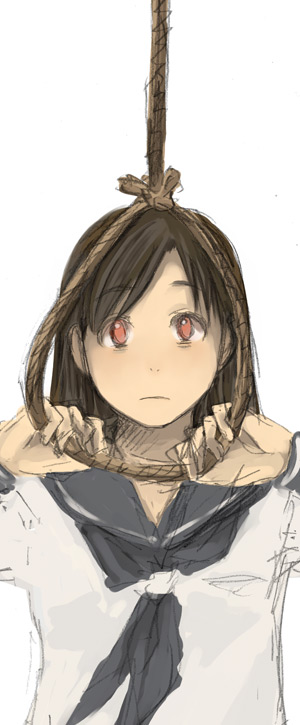 tamaru tokihiko, original, 1girl, brown hair, female focus, noose, red eyes, rope, school uniform, serafuku, simple background, sketch, solo, suicide, white background