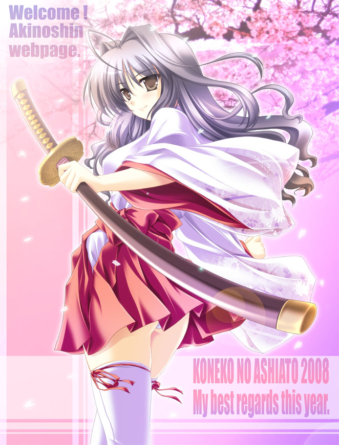 akino shin, original, 1girl, adapted uniform, brown eyes, cherry blossoms, female focus, hakama, hakama skirt, japanese clothes, katana, long hair, miko, purple hair, red hakama, skirt, solo, sword, thighhighs, weapon, white thighhighs, zettai ryouiki