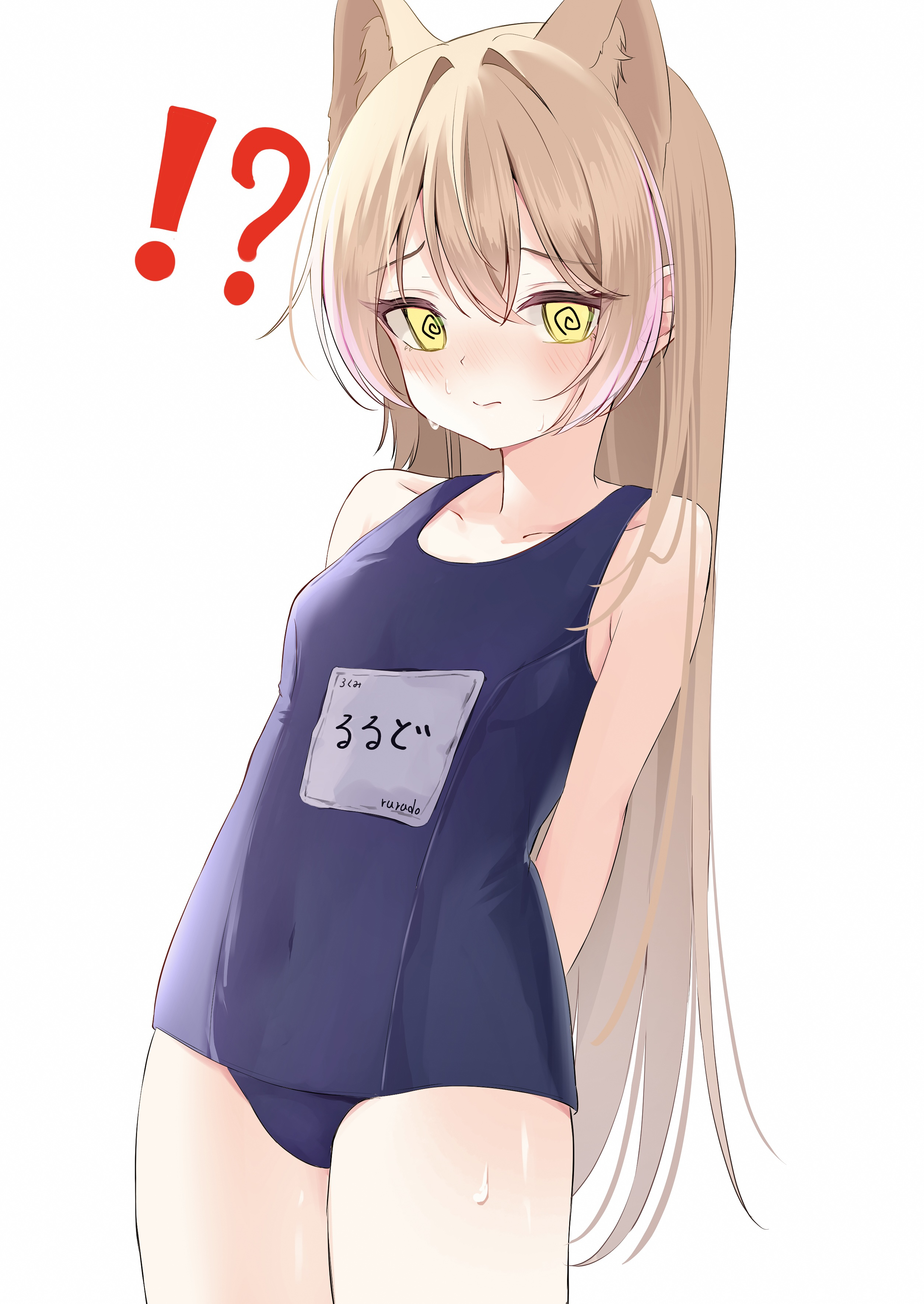 yamamotokeisuke1004, rurudo lion, indie virtual youtuber, absurdres, highres, !?, 1girl, @ @, alternate costume, animal ears, arms behind back, blonde hair, blue one-piece swimsuit, blush, closed mouth, covered navel, cowboy shot, embarrassed, hair intakes, leaning back, lion ears, long hair, name tag, one-piece swimsuit, school swimsuit, sidelocks, simple background, solo, sweat, swimsuit, very long hair, virtual youtuber, white background, yellow eyes