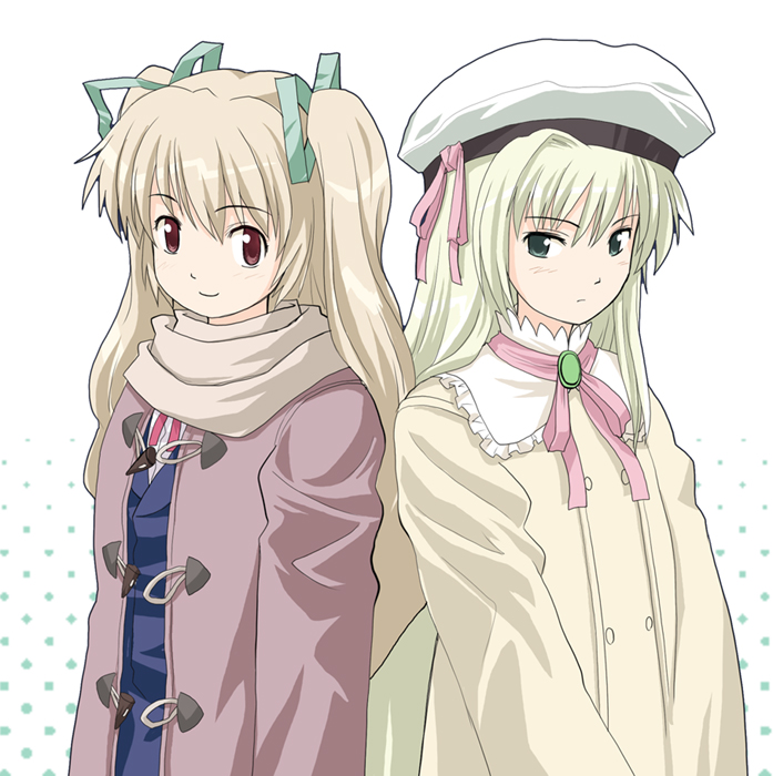 haniwa, haniwa (leaf garden), original, 2girls, brooch, brown scarf, coat, duffel coat, gem, green eyes, green ribbon, hair ribbon, hat, jewelry, long hair, long sleeves, looking at viewer, multiple girls, open clothes, open coat, red eyes, ribbon, scarf, simple background, sweater, twintails, very long hair, white background, winter clothes, winter coat