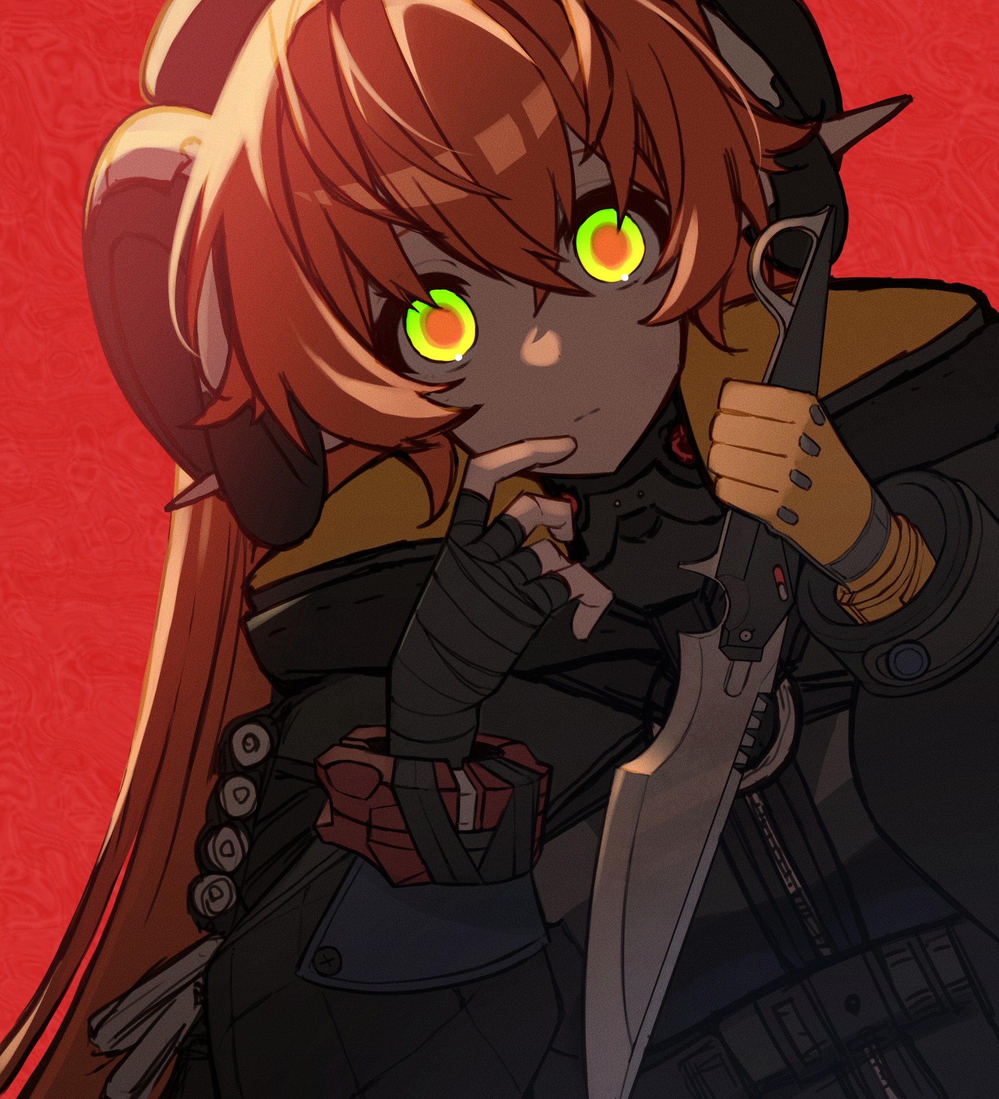 hiuxwou, orphie magnusson, zenless zone zero, commentary request, highres, 1girl, empty eyes, fingerless gloves, gloves, gradient hair, green eyes, hair between eyes, hand on own face, holding, holding knife, hood, hood down, hoodie, horns, jacket, knife, long hair, looking at viewer, mechanical horns, military jacket, multicolored eyes, multicolored hair, orange hair, orange pupils, pointy ears, solo, staring, very long hair, yandere, yellow eyes