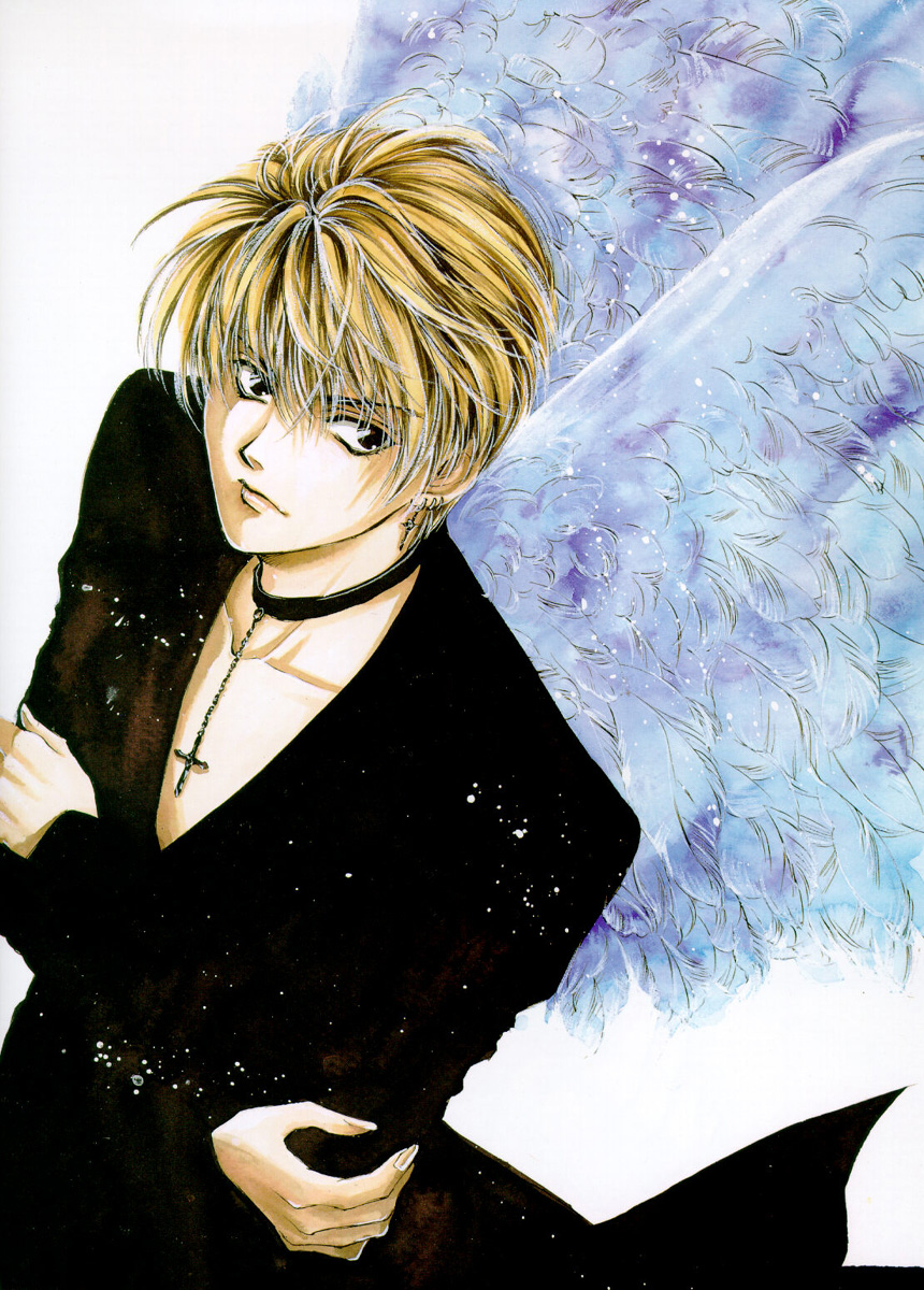 yuki kaori, mudou setsuna, angel cage, angel sanctuary, artbook, highres, 1boy, angel wings, black eyes, blonde hair, choker, coat, cross, crossed arms, earrings, jewelry, male focus, solo, wings